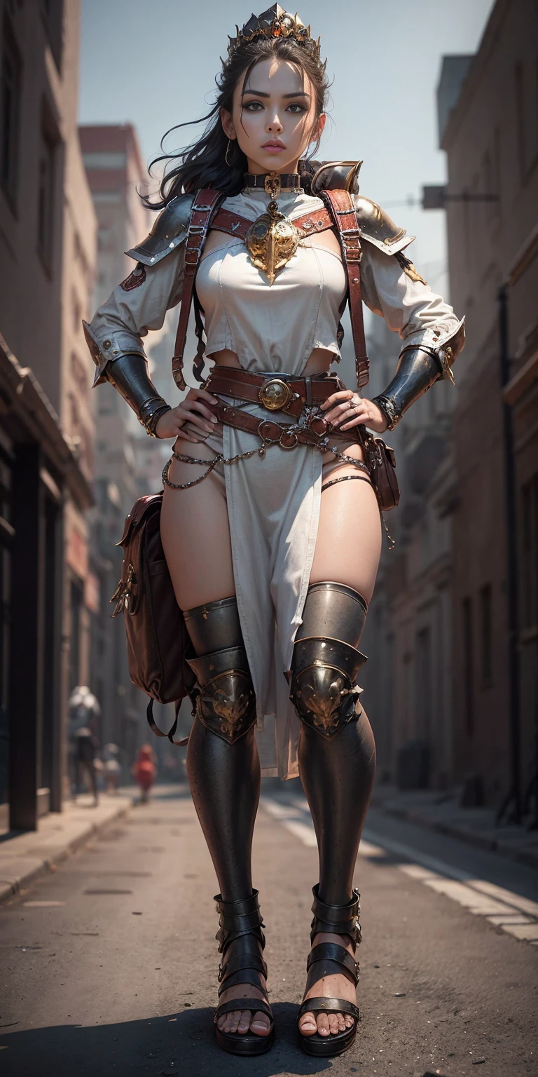 full body, whole body. 1solo (girl). slave fighter, loincloth standing, hands on hips full body, whole body. 1solo (girl). slave fighter, loincloth standing, hands on hips, metal sandals, backpack, choker, big belt, view from below, feet together, bracers, tiara
