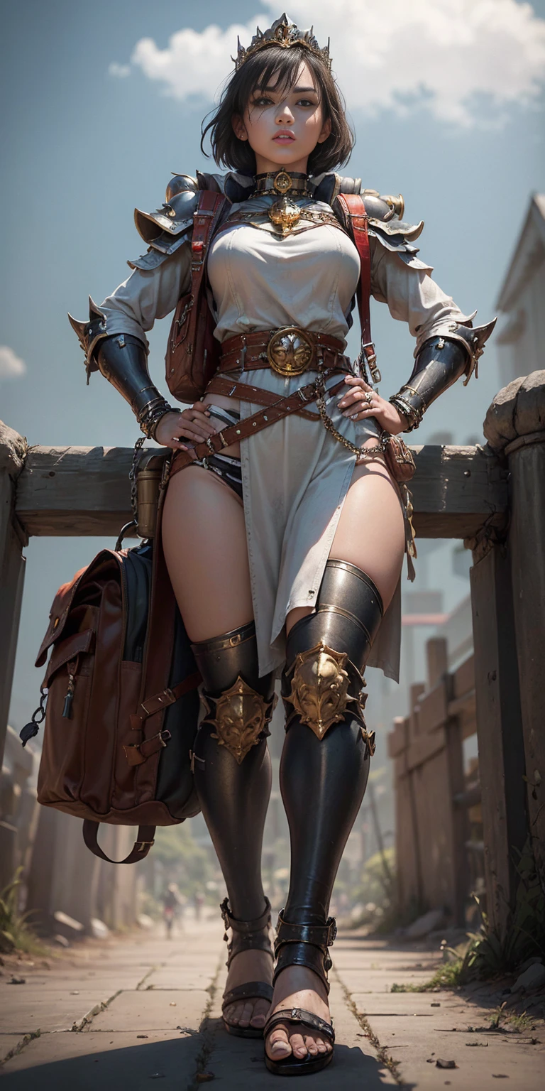full body, whole body. 1solo (girl). slave fighter, loincloth standing, hands on hips full body, whole body. 1solo (girl). slave fighter, loincloth standing, hands on hips, metal sandals, backpack, choker, big belt, view from below, feet together, bracers, tiara