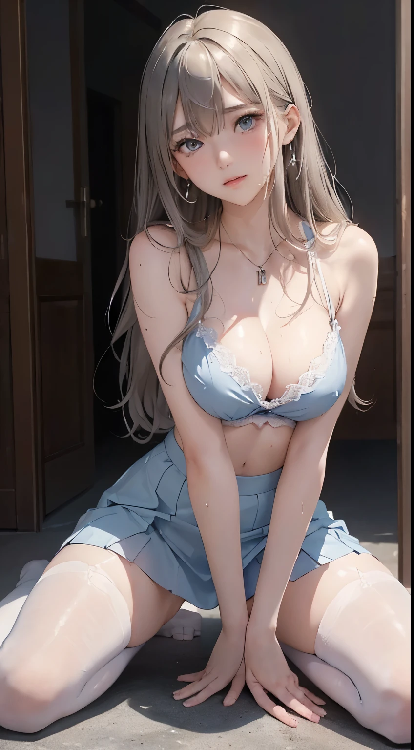 (masterpiece: 1.3), (maximum resolution: 1.2), (ultra high definition tv: 1.2), cinema light, 8K resolution, fine eyes and skin, detailed facial features, , (Clear focus on the chest: 1.2), (the focus is on the face:1.2),perfect style, cute face, Accurate, anatomically correct, ノ Highly detailed face and skin texture, fine eyes, double eyelid, thin eyebrows, glitter eyeliner: 1 natural cheeks, shiny skin, Fair skin, Glossy skin: 1.2, (glossy lips: 1.4),、 (embarrassed look: 1.2),Highly detailed face and skin texture, fine eyes, double eyelid, natural cheeks, , glossy lips: 1.4,Revealed cleavage、(A lot of sperm in my chest:1.4)(A lot of sperm on thighs:1.2)、 masturbation behavior、rub your chest、blush、humiliating、embarrassing、frown、anger、shed tears、please open your knees、open your legs、 white top and bottom underwear、white bra、Small shiny earrings and necklace、散らかったClothes、Clothes、Fully exposed crotch、Sweat、soaking wet、Transparent bottom、stockings、full body portrait、Age 22, decent woman,1 person、 Upward-facing chest、silver hair、blonde、Greenish-gray eyes、Blue-gray eyes,white blouse、navy blue tight skirt、(suit:1.8)、exposed nipples、exposed cleavage、medium long hair、、office building、sit with your butt on the ground、spread legs、open the thighs、M字spread legy crotch is wet、Show off your pink nipples、sexy look、big breasts、Fair skin、Sweatばんだ肌、The audience is watching、Entice viewers、facing forward、perfect proportions、perfect beauty、The cutest in the world、Two-dimensional beautiful girl、high school girl、I