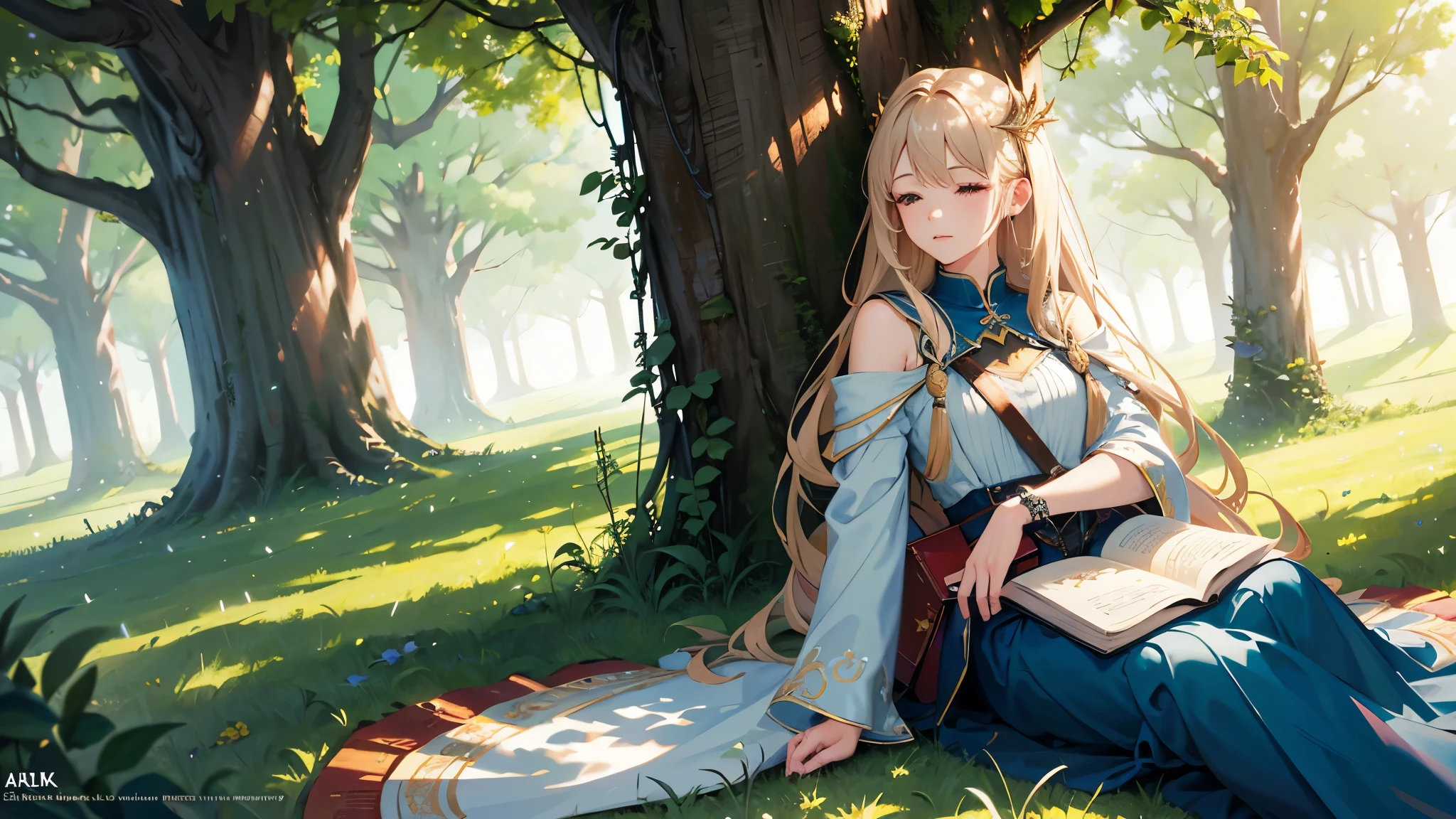 (official art、highest quality、Unity 8k wallpaper、32k、masterpiece、super detailed、A high resolution、realistic、Photoreal:1.2)、((one girl))、fantasy、wizard、middle ages、Nordic、(detailed beautiful face:1.4)、Closed eyes、(full body:1.2)、grassland、shade of a tree、sunlight filtering through the foliage、lean on a tree、sitting、Resting、Half-read book