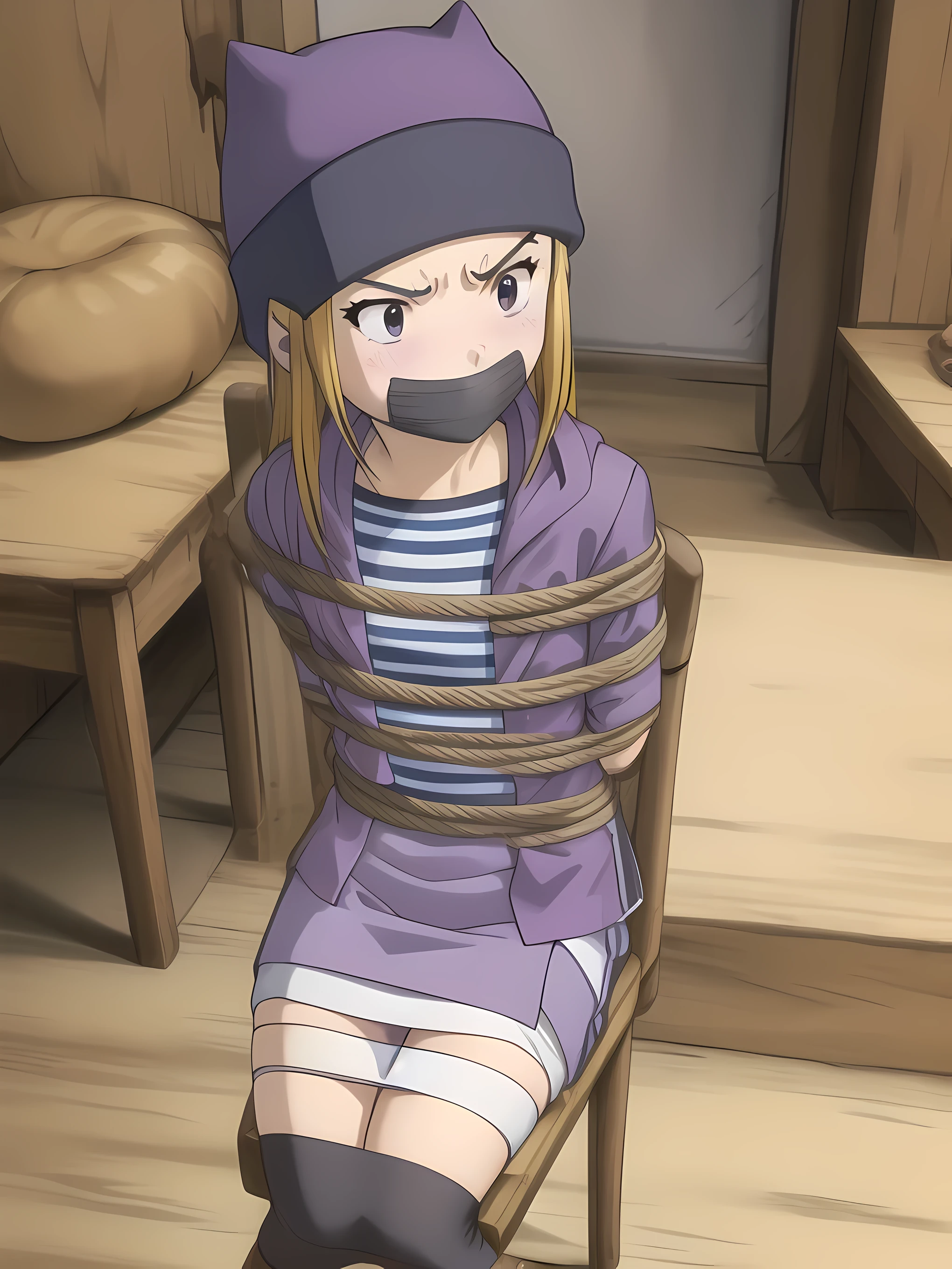 masterpiece,best quality,highly detailed,1girl,solo,clenched teeth,serious,concentrating,v-shaped eyebrows,wince,sweat,sweatdrop,blush,
blush,bow,izumi orimoto, blond hair, purple beanie, purple vest, purple miniskirt, blue white striped shirt, long purple socks, sneakers, purple vest, striped shirt, beanie, cat hat
BREAK
shibari,bdsm,(((shibari over clothes,rope,bound,restrained,bound to a chair))),chair, tape, tapegag, tape on the mouth, gagged, tied, tied up, tied to a chair, bound to a chair, hands behind back, tied ankles