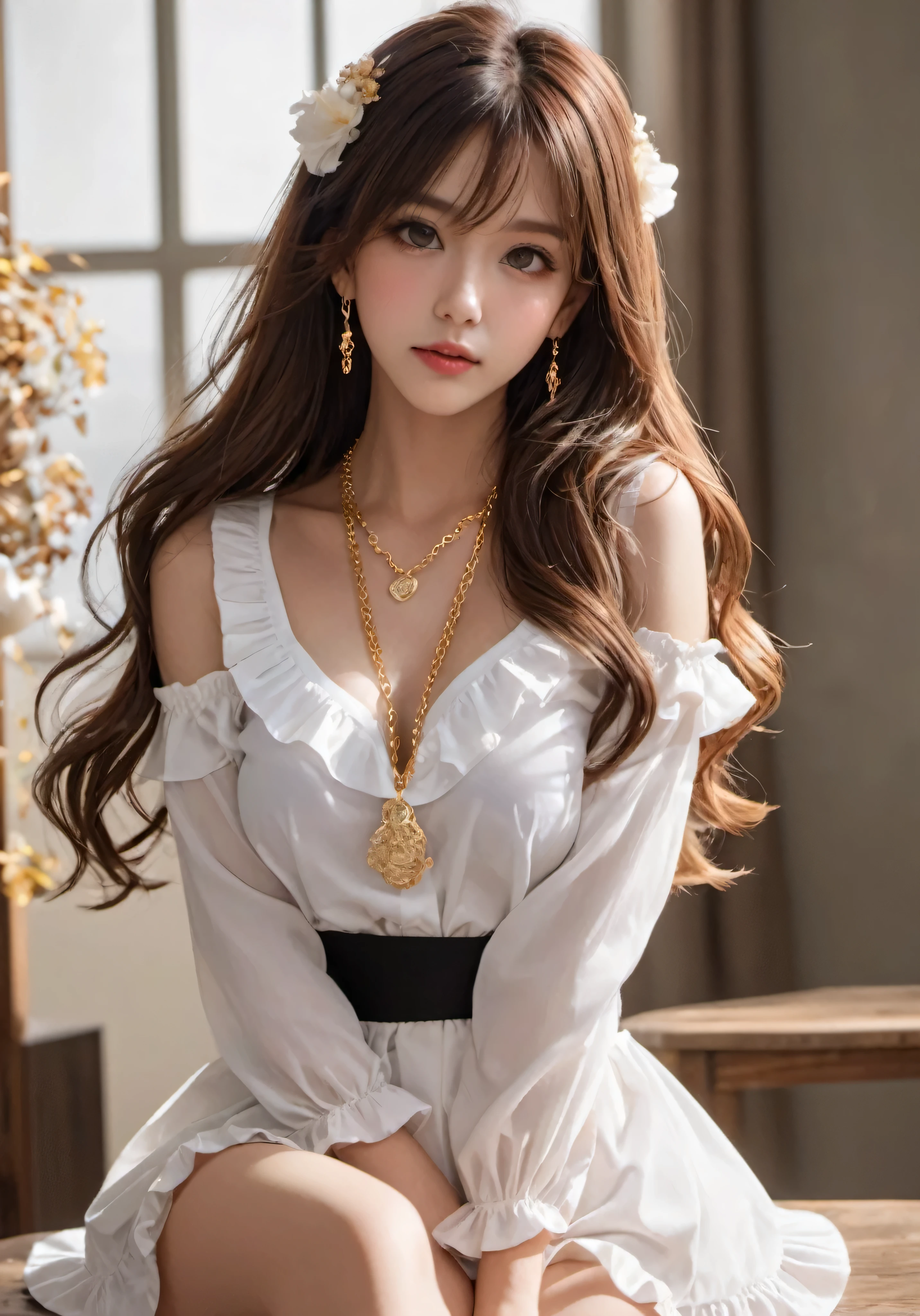 photograph, disorganized, High resolution, super detailed, maid girl,:d,((Hair with loose waves inside:1.2)),((gold necklace＿Large earrings:1.2)),((Super long brown hair:1.2))((white ruffle blouse, heels:1.3)),