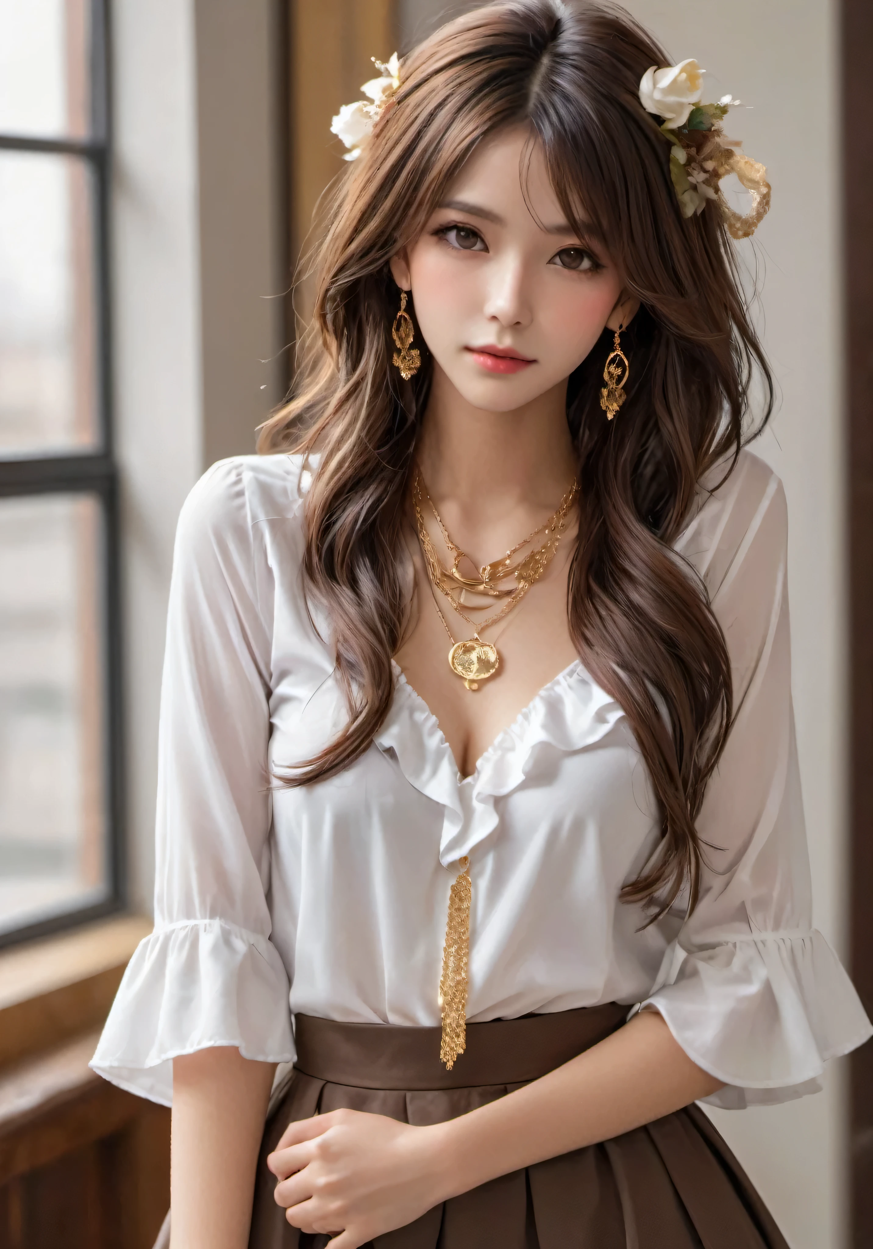 photograph, disorganized, High resolution, super detailed, maid girl,:d,((Hair with loose waves inside:1.2)),((gold necklace_Large earrings:1.2)),((Super long brown hair:1.2))((white ruffle blouse, heels:1.3)),