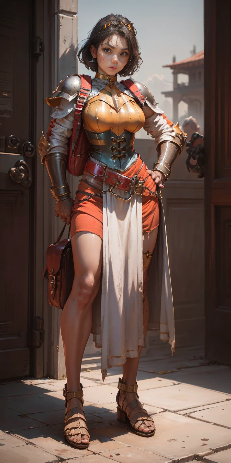 full body, whole body. 1solo (girl). slave fighter, loincloth standing, hands on hips full body, whole body. 1solo (girl). slave fighter, loincloth standing, hands on hips, metal sandals, backpack, choker, big belt, view from below, feet together, bracers, tiara