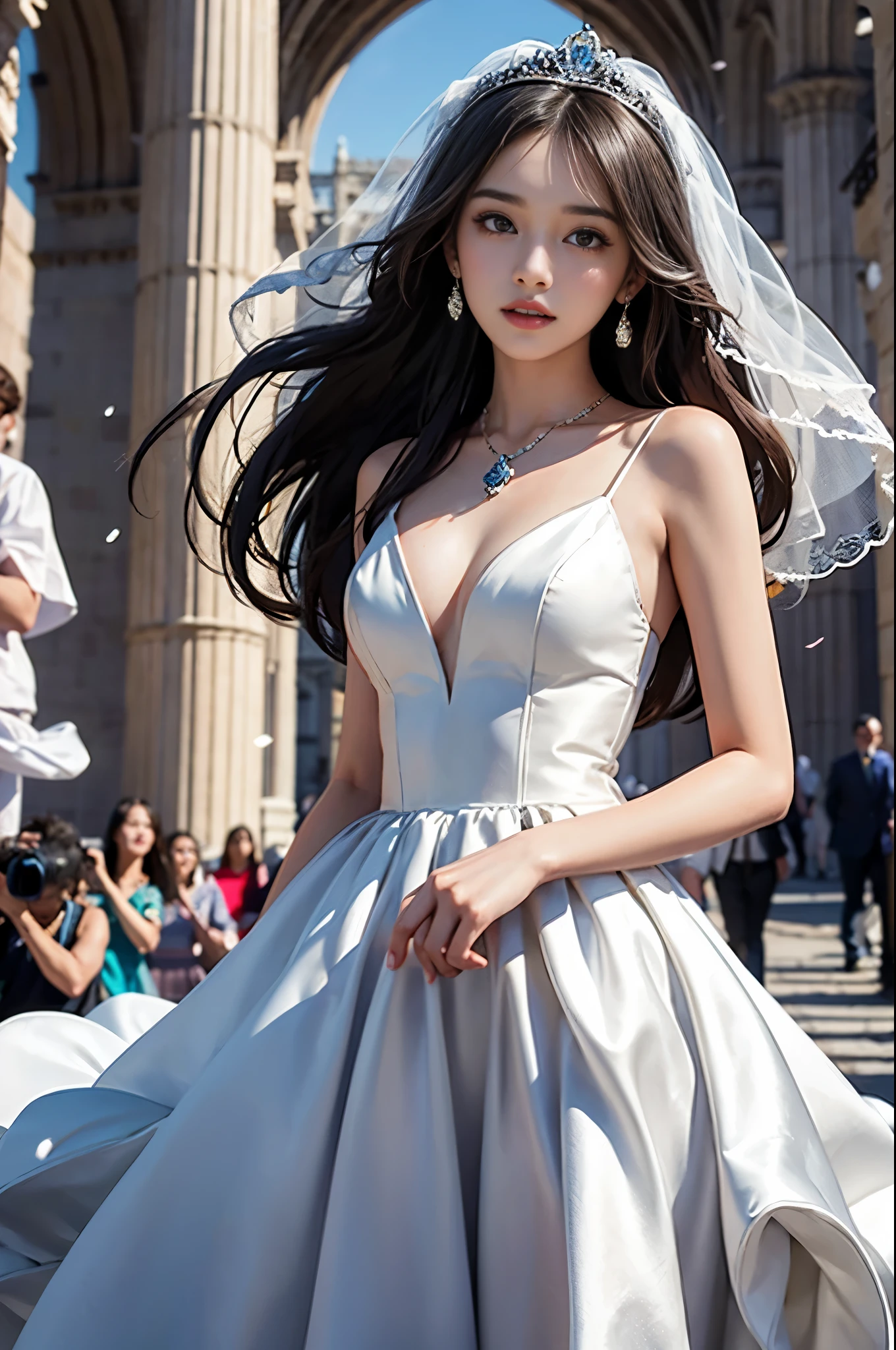 best quality, masterpiece, 1 girl, yak, cute teen, shiny lips, sweet, sun glare, Conservative attire, wedding dress, Bridal tiara, depth of field, blurred background, Cathedral Background, light particles, strong wind, long hair, head tilt