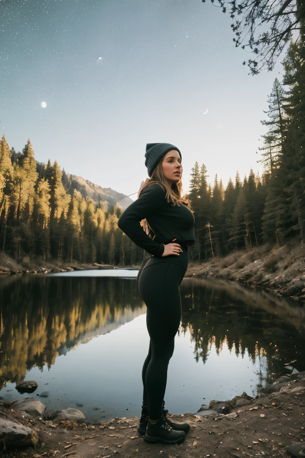 1 woman((full body shot, happy)), masterpiece, best quality, ultra-detailed,  solo, outdoors, (night), mountains, nature, (stars, moon)   cheerful, happy, backpack, sleeping bag, camping stove, water bottle, large ass, wide hips, tight black yoga pants, mountain boots, gloves, large breasts, huge tits visible through sweater, hat, flashlight, forest, rocks, river, wood, smoke, shadows, contrast, clear sky,
analog style (look at viewer:1.2)  (skin texture)
(film grain:1.3), (warm hue, warm tone)