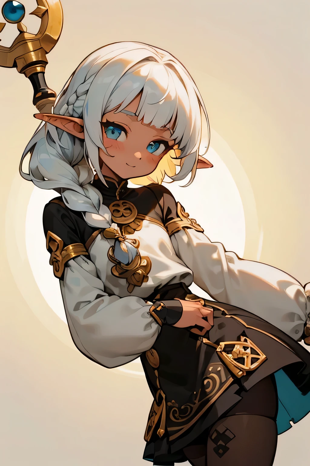 1GIRL, cute girl, finely detailed, (best quality), (intricate details), cute style, healer style, elf girl, dungeons and dragons style, multicolored, ((long white hair in braid)), ((tan skin)), best quality, ((gold and black puffy long sleeve dress)), ((thigh high socks)), ((black socks)), ((round eyes)), beautiful face, happy eyes, cute face, pinup, perfect face, simple background portrait, magic staff
