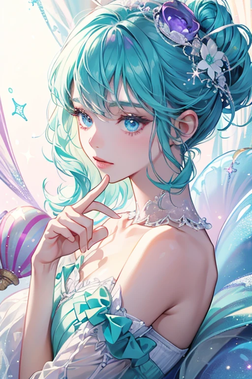 Annette has light blue and light green skin and a lavender shell. Her shell also has a dark purple swirl along with a pink bow. She has dark blue eyes and eyelashes. SPARKLE; GLITTER