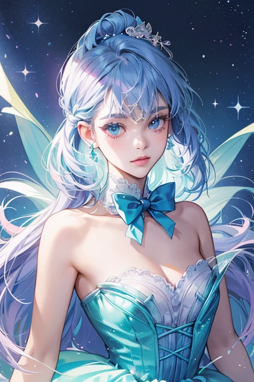 Annette has light blue and light green skin and a lavender shell. Her shell also has a dark purple swirl along with a pink bow. She has dark blue eyes and eyelashes. SPARKLE; GLITTER