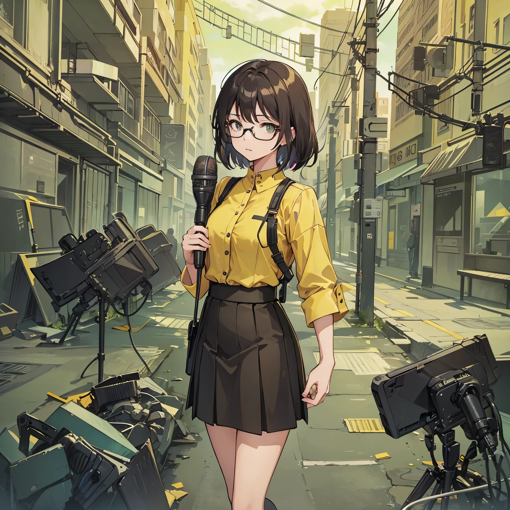 A beautiful female reporter,Wearing business attire,Yellow top,black skirt,wear glasses,Holding a microphone and reporting the news,The environment behind is a murder scene surrounded by a cordon.。Medium shot composition,full body pictures,color,Anime illustration style,HD,4K。