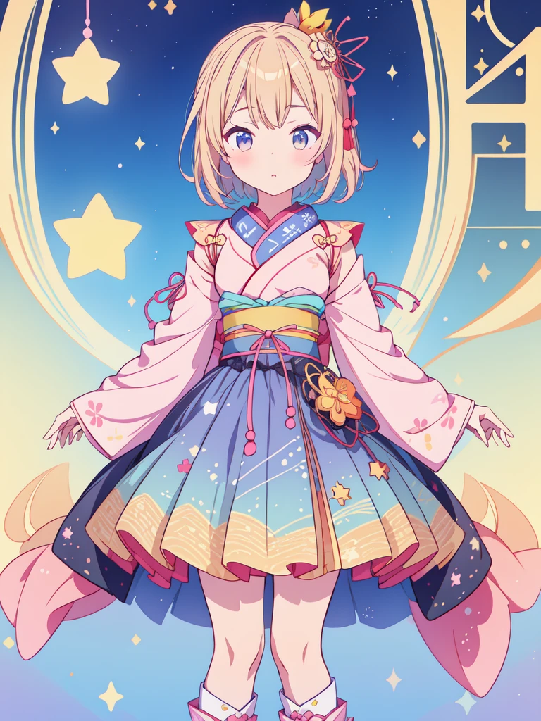 1girl、vtuber-fullbody、Star Fairy、masterpiece、official art、Super detailed、super beautiful、かわいいStar Fairy、white straight short hair、Milky Way、universe、star charm、Star、baby face、Knee-high boots、Japanese pattern dress、A remake of a black and navy yukata、universeを思わせるOiranフリルドレス、Oiran