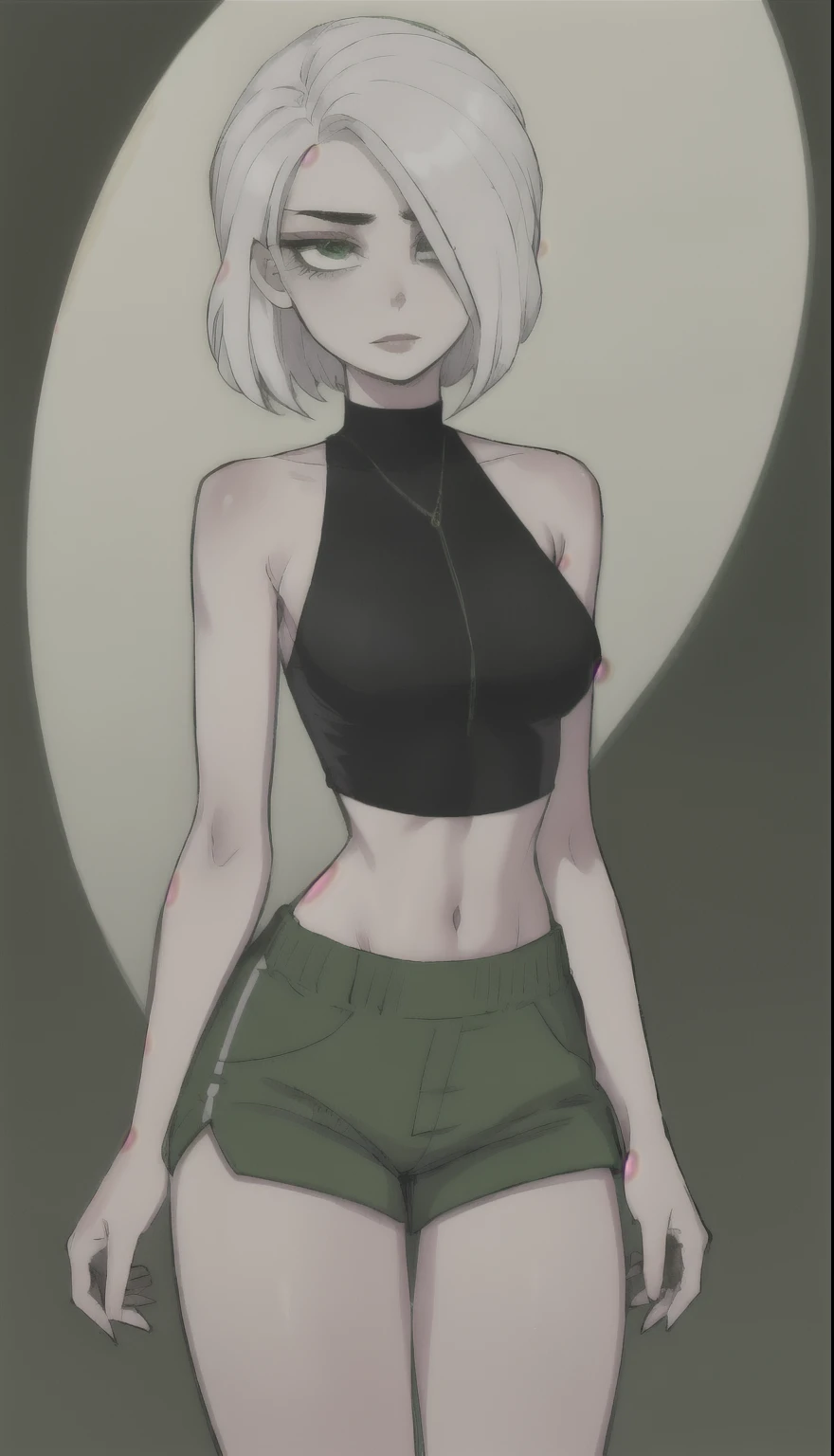 1 girl, (Cartoon:1.3), detailed eyes, looking at the viewer with white hair, green eyes, confident expression, black crop top, green cycling shorts, Pale skin, Thin eyebrows