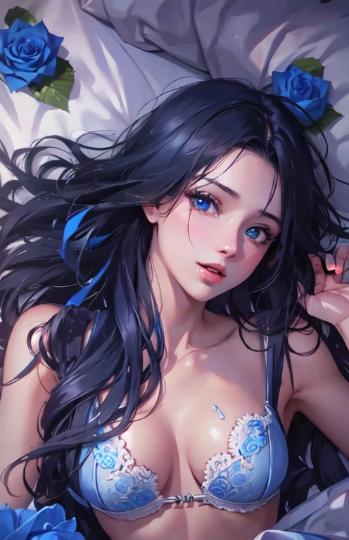 ((highest quality)), ((masterpiece)), (get used to it), perfect face , adult beautiful girl , beautiful long black hair , beautiful blue eyes , In underwear , medium breasts , Blue roses scattered , lie on the bed ,