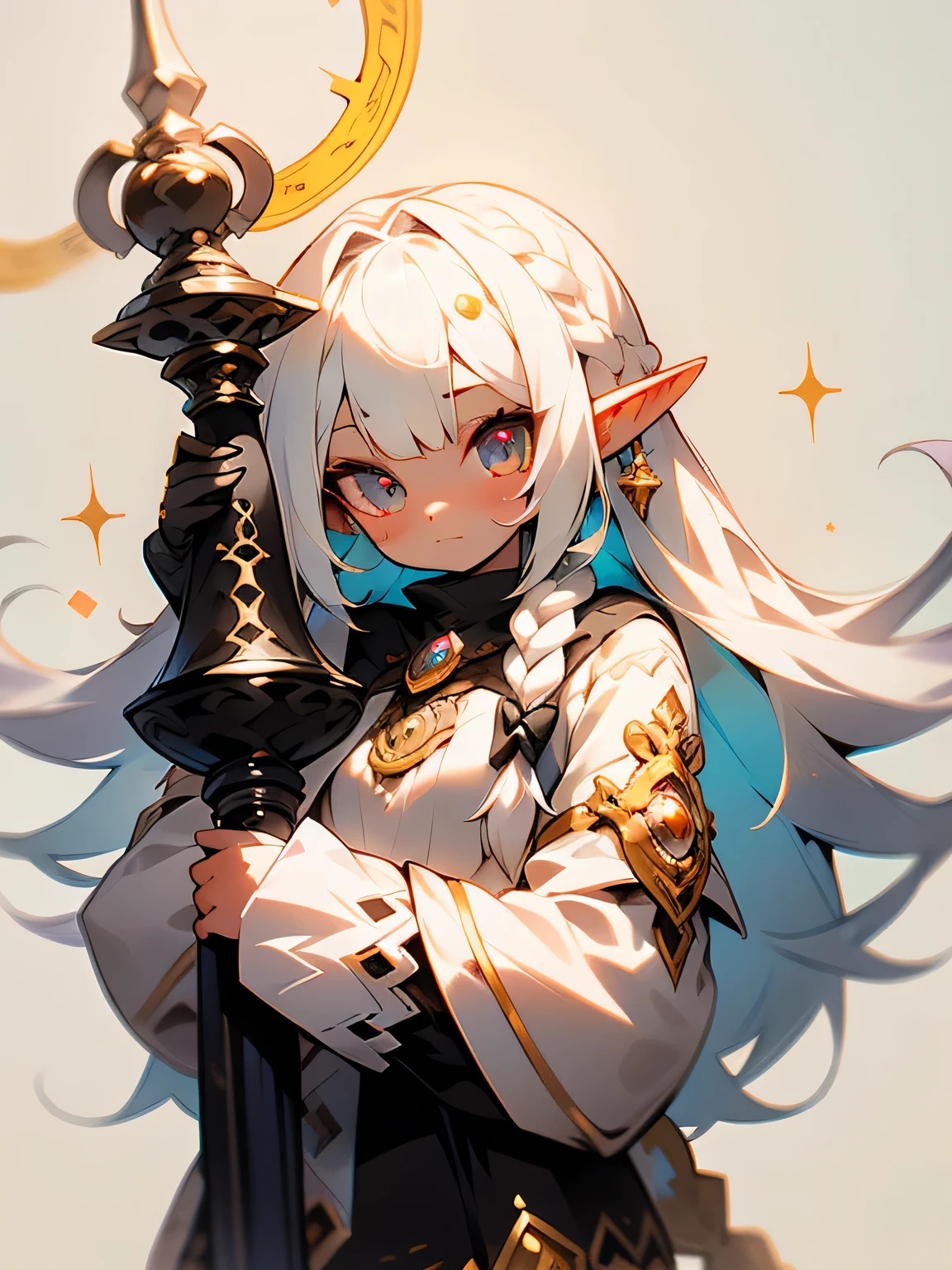 1GIRL, cute girl, finely detailed, (best quality), (intricate details), cute style, healer style, elf girl, dungeons and dragons style, multicolored, ((long white hair in braid)), ((tan skin)), best quality, ((gold and black puffy long sleeve dress)), ((thigh high socks)), ((black socks)), ((round eyes)), beautiful face, happy eyes, cute face, pinup, perfect face, simple background portrait, magic circle, magic staff