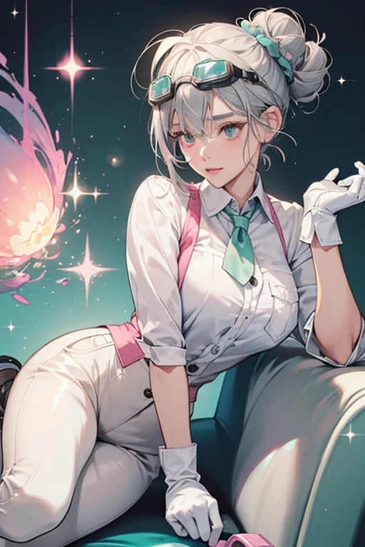 She is an elderly woman with peach skin, pink lips, a light green fin, and gray hair in a bun hairstyle. She has thick goggles on her head and wears a white collared shirt with a chest pocket and a gray button, white gloves, gray pants, and black shoes. SPARKLE; GLITTER