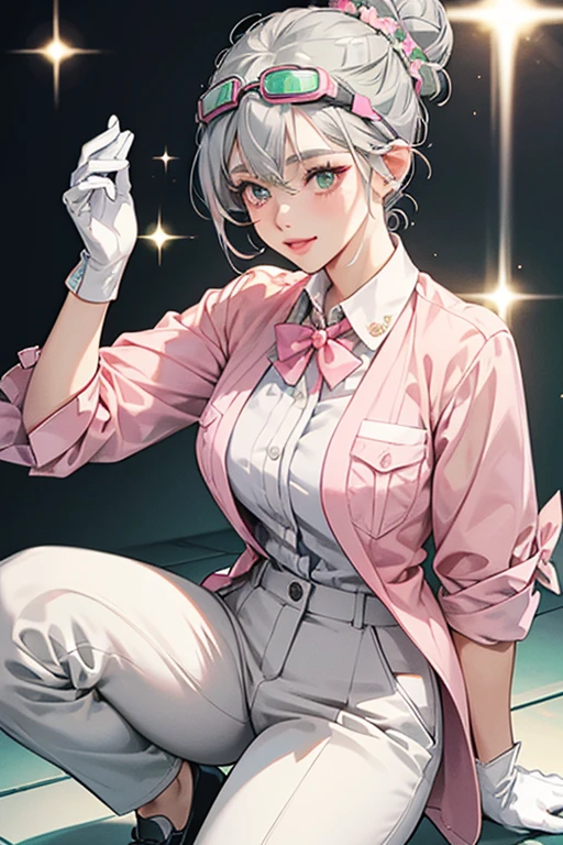 breathtaking beautiful woman wearing a highlighter pink (tutu skirt), coy smile, looking at viewer,
(white hair Fringe),
off-the-shoulder sweater,
tilt shot,
(science laboratory),
lifting one leg in a playful manner,
anxious, . award-winning, professional, highly detailed