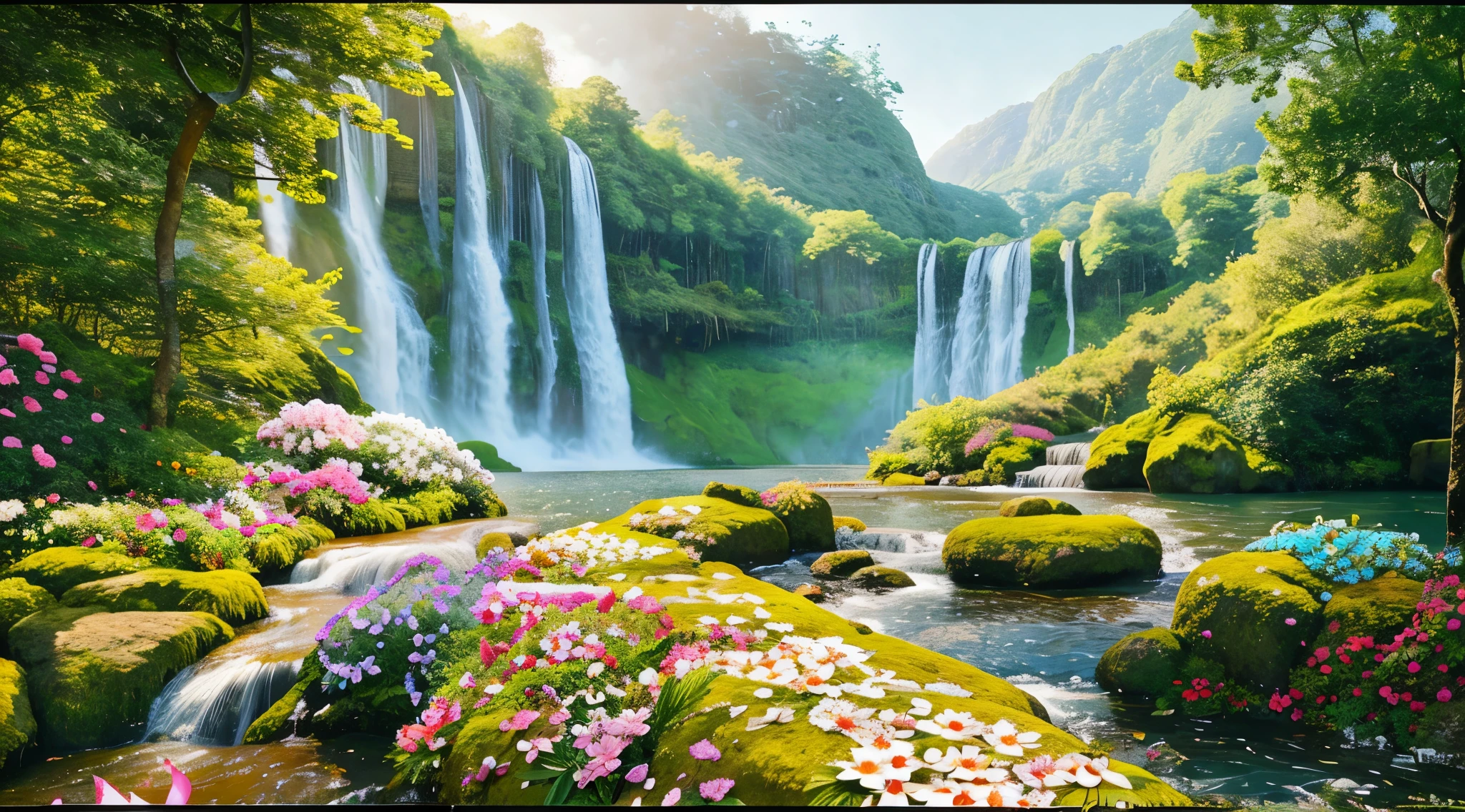 a painting of a waterfall in a lush green forest with flowers, flowers and waterfalls, very beautiful scenery, very very beautiful scenery, very very very beautiful scenery, the most beautiful landscape, stunning nature in background, beatiful backgrounds, natural landscape beauty, majestic nature scenery, nature in all its beauty, beautiful environment, really beautiful nature, incredibly beautiful, nature scenery