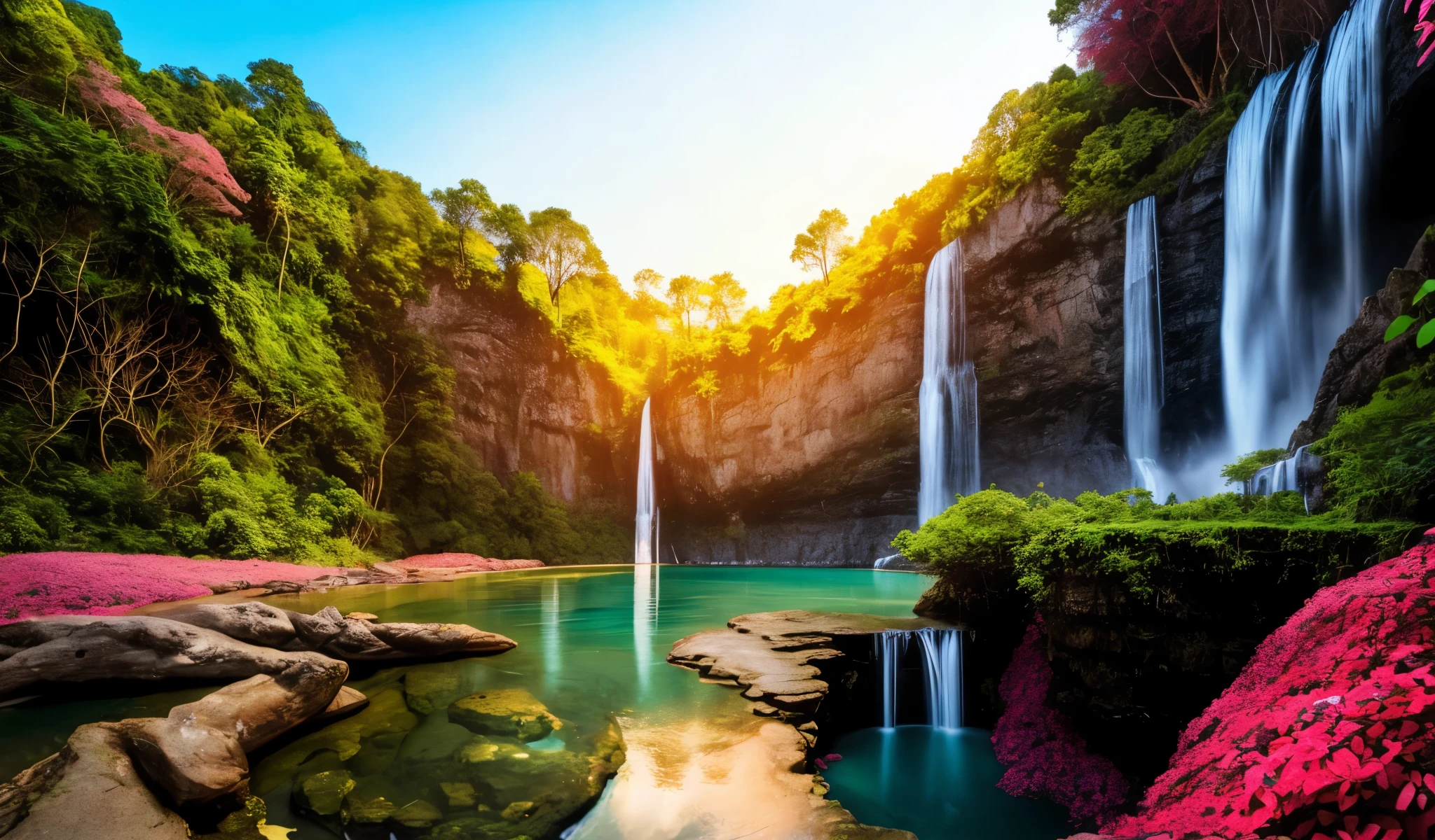 a large waterfall is in the middle of a lush green forest, stunning nature in background, with trees and waterfalls, scenic colorful environment, flowers and waterfalls, beautiful place, natural landscape beauty, waterfalls and lakes, really beautiful nature, nature in all its beauty, beatiful backgrounds, beautiful nature, extraordinary colorful landscape, a beautiful landscape, lakes and waterfalls