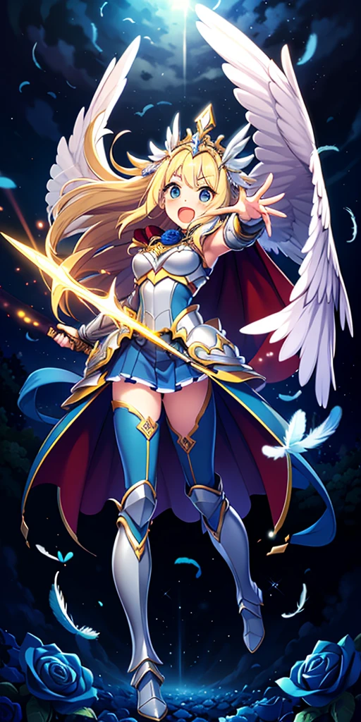 (masterpiece), best quality, 1girl, A beautiful young girl with long blonde hair wearing a blue skirt and white heavy armor. The girl raises the cape in her hand and shouts. The cape spreads its white wings in the air. Winged head gear, armor decorated with blue roses, sword decorated with blue roses. feathers flying apart. Sacred light, blue sky and clouds, noble and elegant, glittering, fantasy art