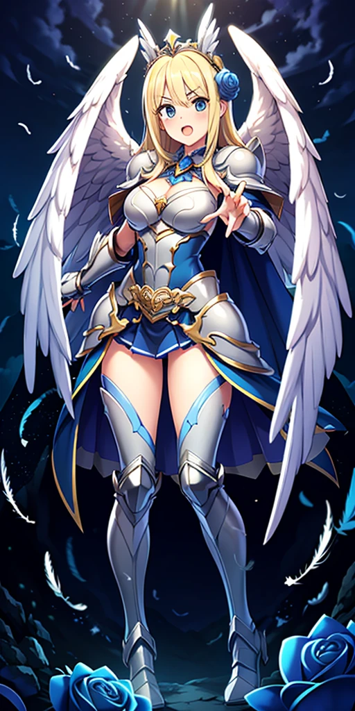 (masterpiece), best quality, 1girl, A beautiful young girl with long blonde hair wearing a blue skirt and white heavy armor. The girl raises the cape in her hand and shouts. The cape spreads its white wings in the air. Winged head gear, armor decorated with blue roses, sword decorated with blue roses. feathers flying apart. Sacred light, blue sky and clouds, noble and elegant, glittering, fantasy art