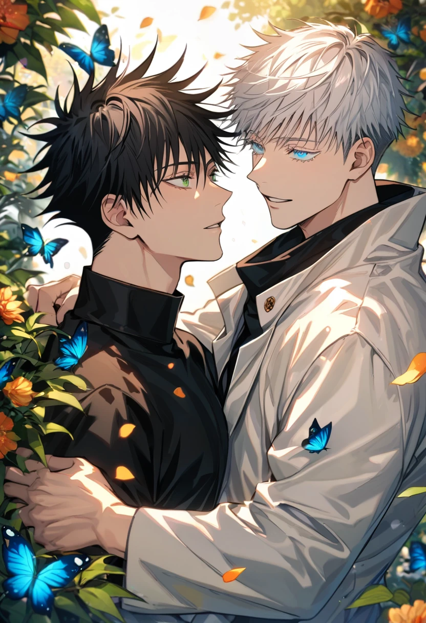 Ultra detailed, highres, absurdres, HDR, Fushiguro Megumi, black hair, green eyes, Gojou Satoru, white hair with bangs, blue eyes, white eyelashes, white long jacket with patterns, black shirt, Jujutsu Kaisen, green leaves, flowers and petals, summet, 2 men together, gay couple, handsome, butterflies