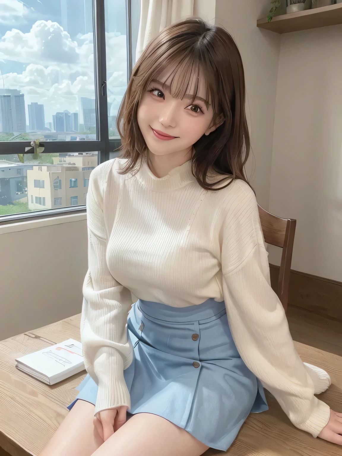(dynamic pose:1.4), (dynamic angle:1.4), break (detailed background:1.4)、very detailed background、(Floating light blue clouds:1.4)、(Floating blue flowers:1.4)、 break (perfect anatomy、perfect hands:1.4)、(Five perfect fingers:1.4)、(Four perfect long fingers and a perfect short thumb:1.4)、(The thumb is shorter than the other four fingers:1.4)、(perfect upper arms:1.4)、(perfect two legs:1.4)、((highest quality、8K、masterpiece:1.3))、1 girl、laughter、Full body Esbian、slim face、Beautiful woman、(dark brown hair)、highly detailed face、detailed eye、double eyelid、blurred background、slim face、cute、Very delicate and beautiful girl、happy smile、whole、super detailed、4k、table top、small mouth、Huge 、here、pants、short skirt,high waist skirt,high neck,No sleeve,medium cut,Knee-high boots,super detailed, 4k, table top,smile,small mouth,white shirt、A skirt that shows your body lines、Low - Angle、white sweater、((lift up your skirt))、