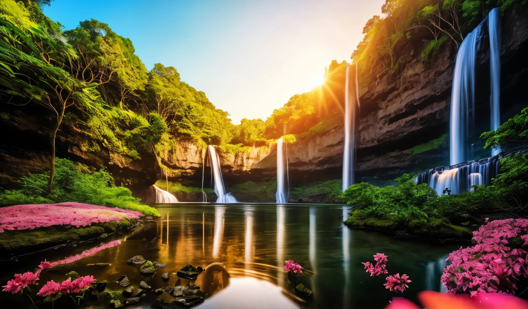 a large waterfall is in the middle of a lush green forest, stunning nature in background, with trees and waterfalls, scenic colorful environment, flowers and waterfalls, beautiful place, natural landscape beauty, waterfalls and lakes, really beautiful nature, nature in all its beauty, beatiful backgrounds, beautiful nature, extraordinary colorful landscape, a beautiful landscape, lakes and waterfalls