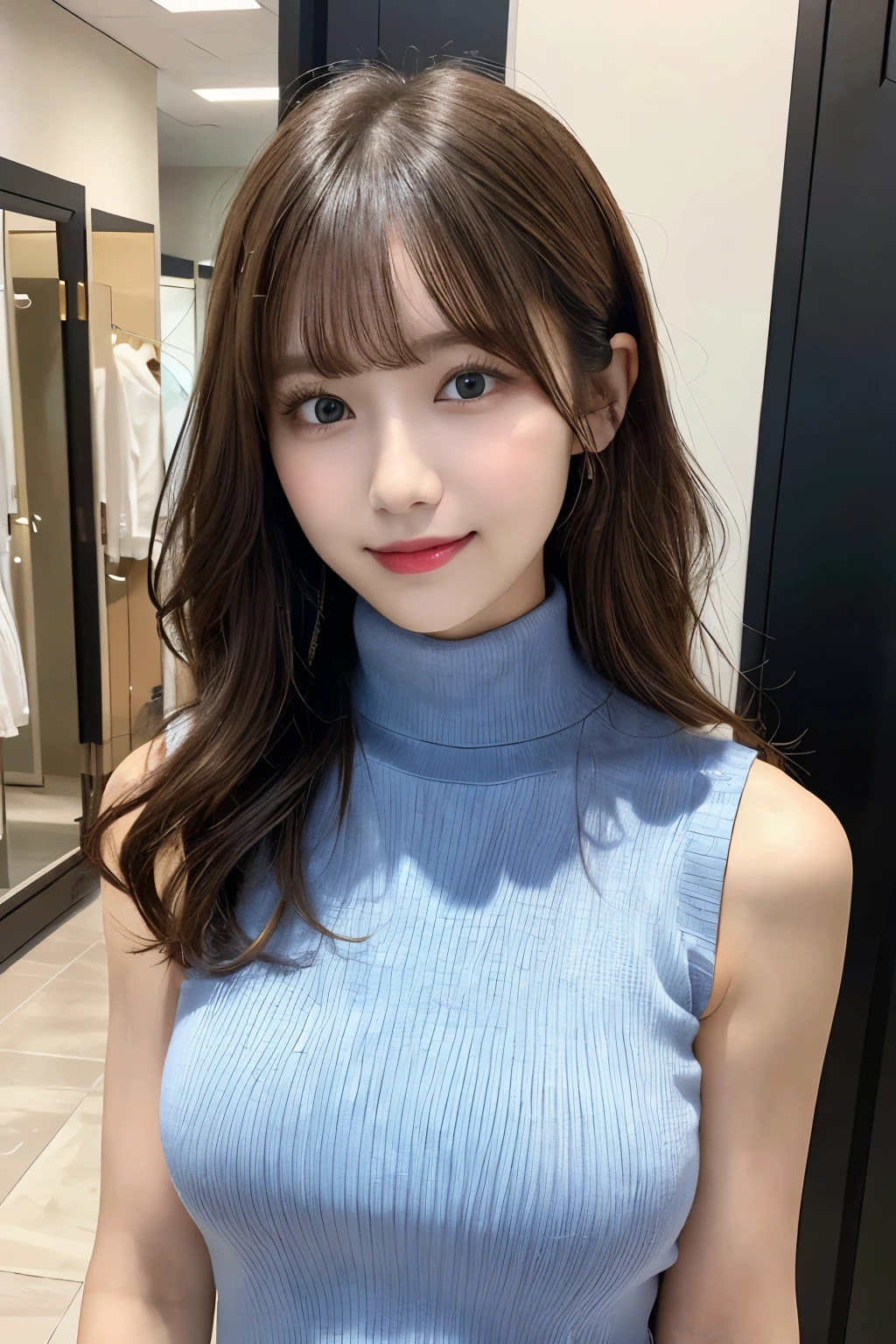 (masterpiece:1.3), High resolution, super detailed, Highly detailed CG Unity 8K wallpaper, realistic, photo-realistic, Raw photo, beautiful and detailed face, pale skin, realistic glistening skin, fine cloth texture, detailed hair texture, perfect body, beautiful face, Accurate, anatomically correct, Highly detailed face and skin texture, natural neck length, (beautiful hands), (Fair skin:1.2), thin legs, thin legs, neatly aligned teeth,
break,
fine eyes, symmetrical eyes, light brown eyes, double eyelid, thin eyebrows, (glossy lips:1.4), ((very provocative smile:1.2)), (blush:1.1),
break,
(classy and cute girl:1.3), (She is wearing a sleeveless turtleneck sky blue knit dress.:1.2),
medium breasts, (slender body shape:1.1), toned abdominal muscles, beautiful clavicle, looking at the viewer,
(dark blonde hair, wavy hair:1.1), ((long hair:1.2)), ((asymmetrical bangs:1.2)), (upper body shot:1.2),
break,
((I am standing with the door open and showing my clothes.:1.2)), ((Inside the private fitting room)),
