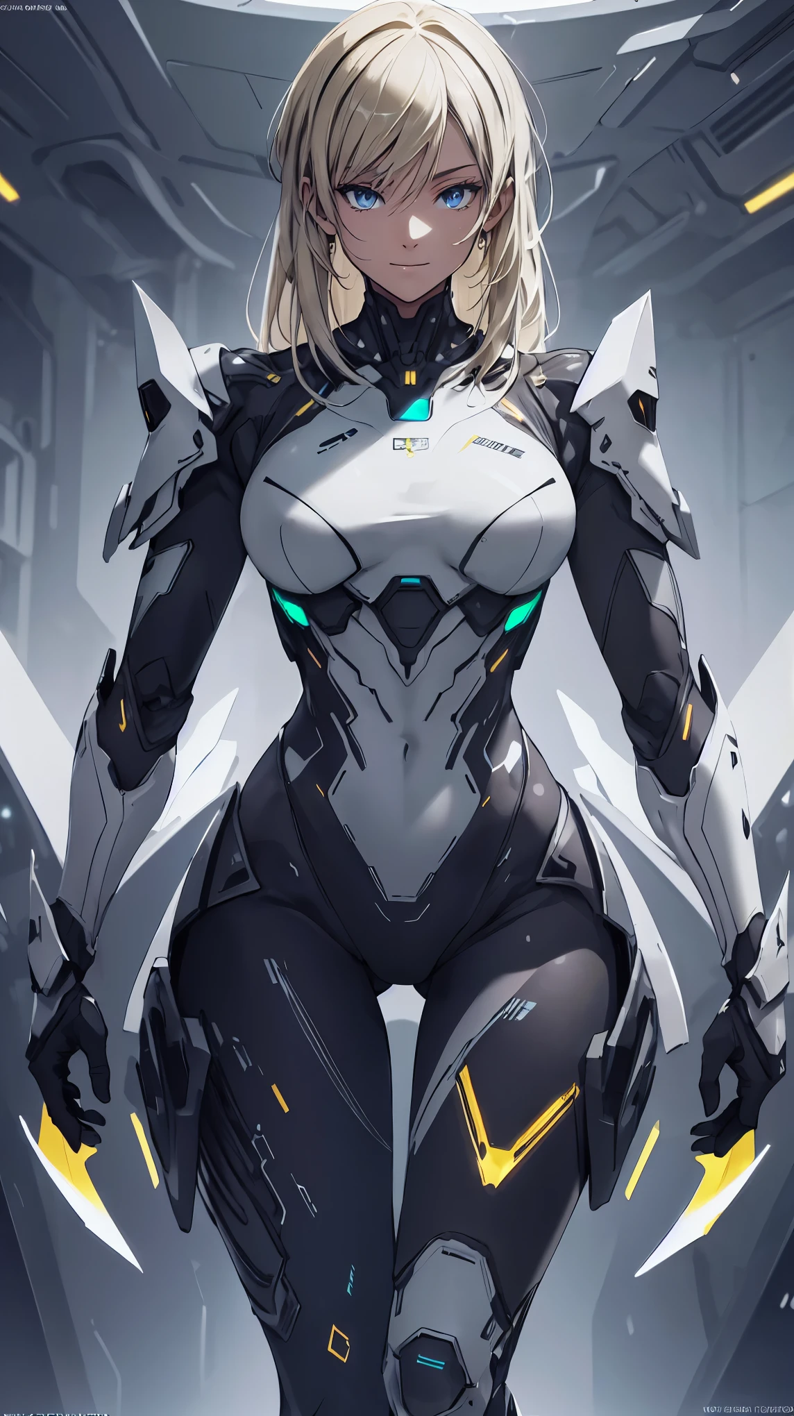 chromatic aberration, depth of field, soft lighting, masterpiece, best quality, intricate, tone mapped, highly detailed, artstation, concept art, smooth, sharp focus, dramatic lighting, highly detailed artwork, cinematic, hyper realistic painting, trending on Artstation, 8K, incredible shadows, realistic, 1girl, full body, solo, [:(black background:1.5):90], Gradient background, curvy, yellow lights on armor, dynamic angle, (colorful:1.2), outline, ray tracing, standing, futuristic, smile, futuristic armor, black bodysuit, gray armor plates, perfect eyes, perfect fingers, thighs, metalic boots, blonde hair, hand on hip, sharp face, broad shoulders, abs, futuristic soilder girl, (muscular legs:1.2), long legs, mature, hazel eyes, fit abdomen