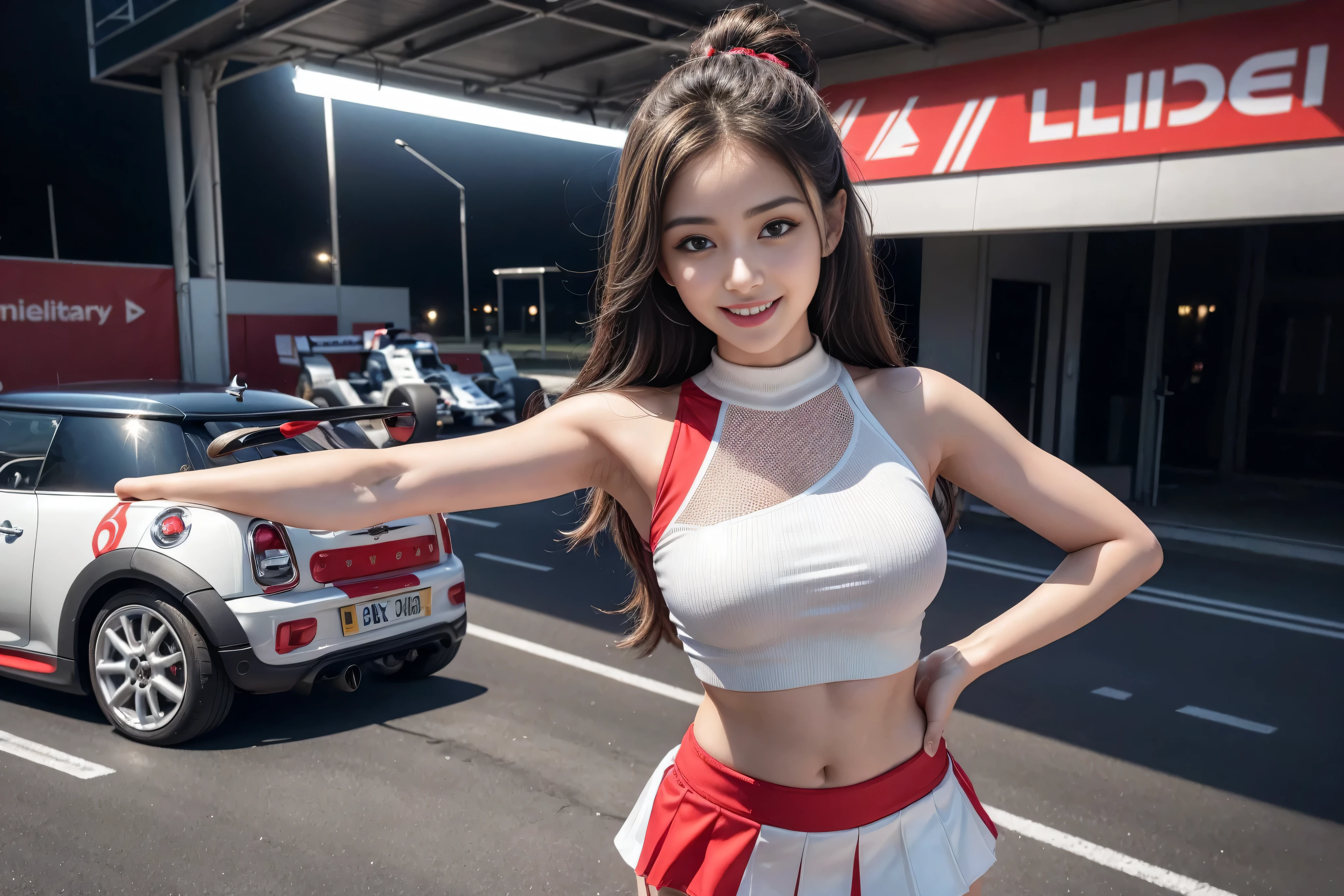 (((One Shoulder Mesh Girls Clothing))),(((dynamic poses))),(((midriff peek))),(((Show under chest ))),(((Red and White Mini Skirt Lift))),(((Bare inner thighs))),(((Formula One car on display))),ulzzang-6500-v1.1, (original photo:1.2), (Photorealistic:1.4), 2 beautiful and delicate girls, Extremely detailed eyes and face, Beautiful and delicate eyes, Super detailed, high resolution, top quality,masterpiece, Very detailed, 8k wallpaper, wonderful, fine details, top quality, There is light on the face,light,1 girl in,(Car race track),beautiful eyes,Smile,open mouth