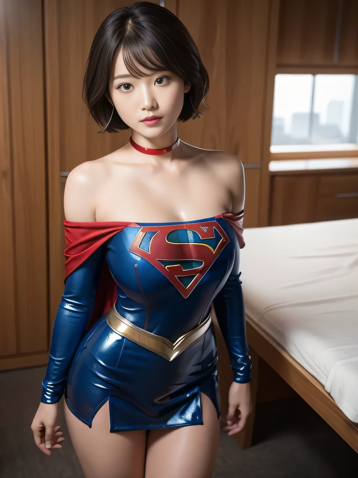 masterpiece、supergirl costume、short hair、barefoot、big and full breasts、Research room、operating table、oil massage、Oily Skin、shiny、look at the camera、Sexy poses to seduce、model body shape、choker、long sleeve、red mini skirt、Cowgirl、Estrus、sweaty、Radical、off shoulder、Glamorous、charm、charming、Fascinating、abused、