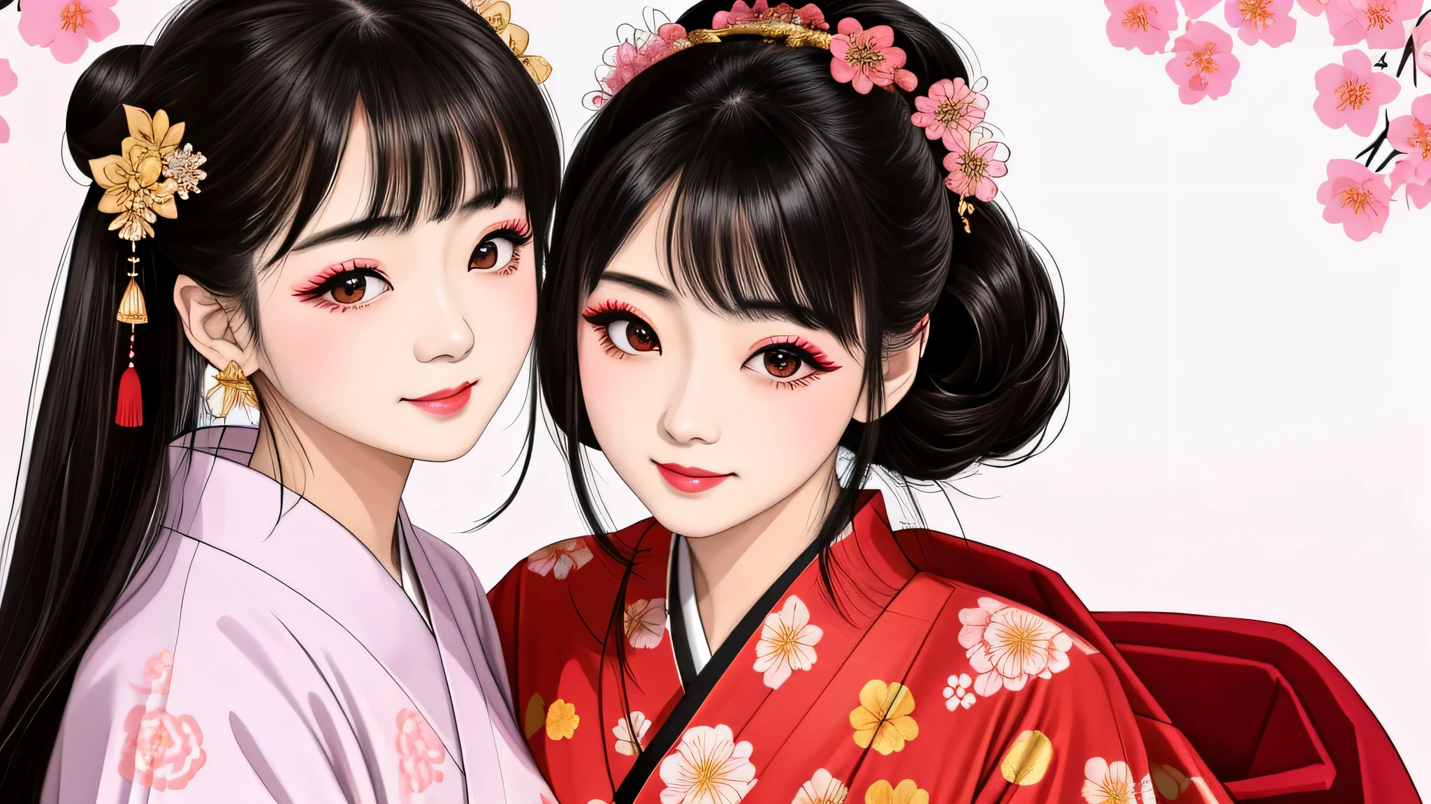 Each has a different expression2People and sisters、(2 girls)、⦅Dancing traditional performing arts gracefully)、((big breasts、small face、not exposed))、highest quality、masterpiece、(black hair、Bun Hair)、brown eyes、⦅wide angle、Angle from above, from the waist up、Pause on the magazine cover、Each person has a different perspective when looking into the distance⦆、(8K high quality、masterpiece、High resolution、Realistic and beautiful light and shadow、(highest quality)、(high resolution)、(very delicate and beautiful)、(beautiful 8k face)、(Close your eyes while smiling、Beautiful eyes)、(Transparent skin)、(soft hair)、(8head and body)、(Japanese-style yukata kimono with red, pink, and orange floral patterns on a white background, mixed with gold powder、wearing a yukata2Japanese beautiful girl)、((tanabata decoration background))、((small face))、(arms up)、thin and small nose、(red lipstick)、(make cheeks red)、(Glossy skin)、((Ink painting style))、extremely thin eyebrows、Overall super high quality、(She wears maiko-style makeup)、Whitening、long and beautiful eyelashes、Glossy skin、(red cheeks),straight nose、masterpiece、highest quality、whole body、 eyebrows visible through hair、Bun Hair、grin、gal、Kogal、Viewer's perspective、Plaid、Fashionable、woman、fine、Pause、
Waiting to start