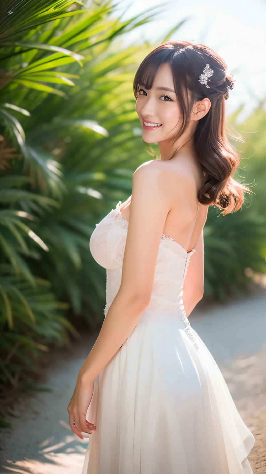masutepiece、Best Quality、ultra-detailliert、20 year old woman in dress、A slight smil、cleavage of the breast、flower field、Butt sticking out、from the rear