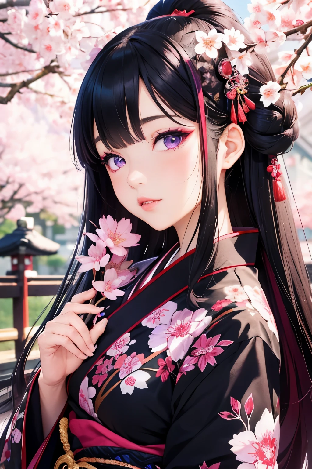 beauty girl, Japanese hair, black, Japanese style, Japanese beautiful Light sideFace aesthetic,  purple eyes, japanese heian furisode
Super verydetail fingers, beautiful redLip  1girl, background Japanese Cherryblossom and bigmoon, beautiful Bright Mizuhiki,insanely detailed, colorful light particles, 