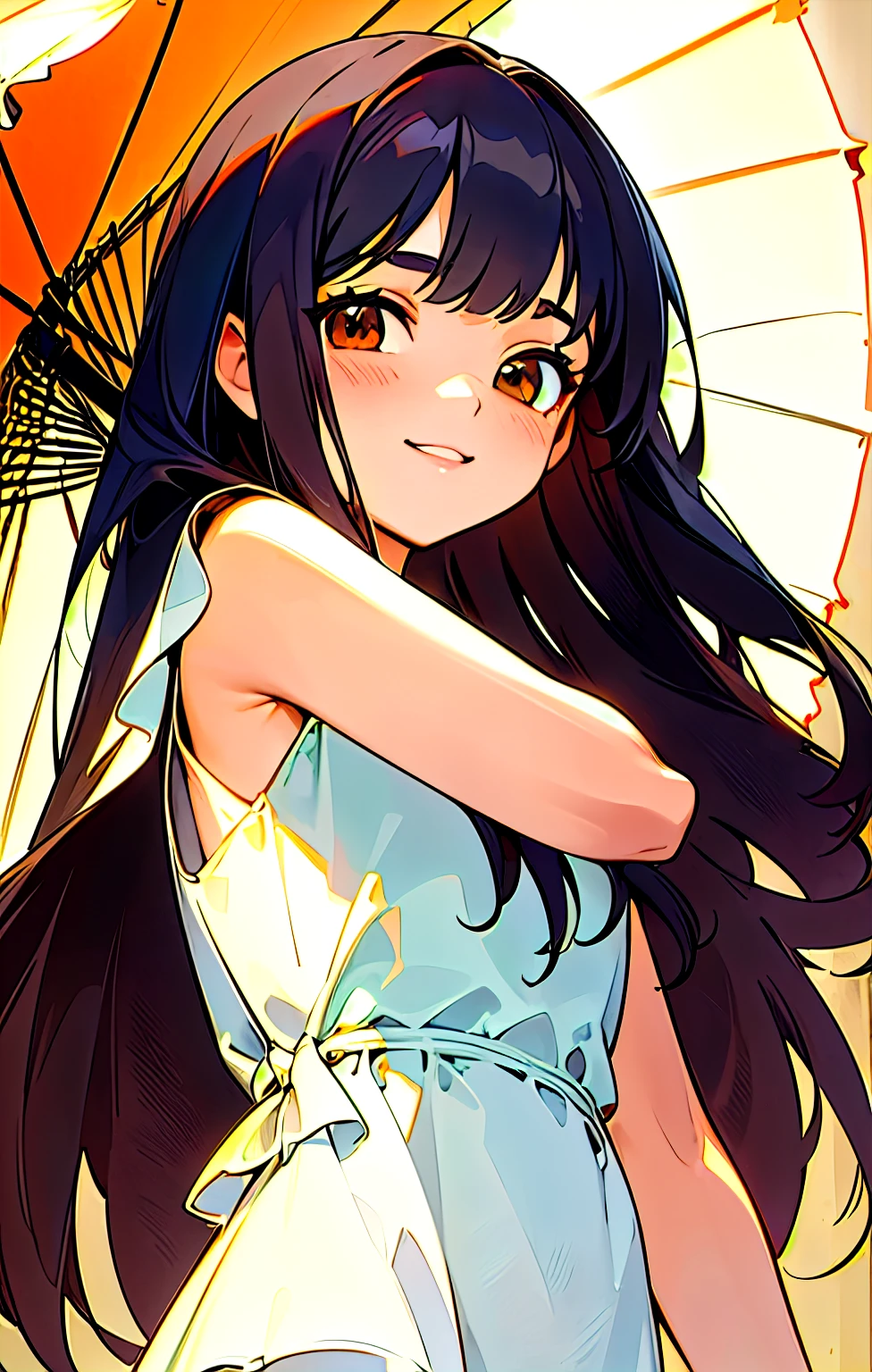 Smiling, summer,long summer dress,((Best Quality, 8k, Masterpiece:1.3))), Crisp Focus: 1.2、(Layer Cut、Slender body, Highly Detailed Face and Skin Texture、Detailed Eyes,western girl,Long Hair, black hair, brown eyes, bangs,himecut,big eyes