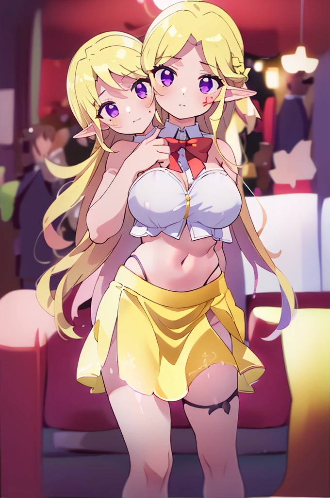 (masterpiece, best quality), best quality, (ultra-detailed), (3heads:1.5), 1girl, (elis:1.3), masterpiece, best quality, ultra quality, ultra resolution, ultra detail, white top, crop top, ((stomach)), midriff, ((groin)), red skirt with strange purple markings along its hem, miniskirt, normal ears, midriff, , blonde hair, very long hair, wavy hair, sidelocks, purple eyes, parted lips, sweat, cute, toned belly, hand on own chest, eyelashes, (25 year old woman:1.3), (masterpiece:1.5), (best quality:1.5), (beautiful detailed), extremely detailed CG, extremely delicate and beautiful, depth of field, (finely detailed face), (perfect details:1.2), (mature female:1.3), wide pelvis, slender, large veiny breast, 16k resolution, highres, very high quality, very high definition, extremely detailed, masterpiece, blonde long hair, alluring presence, twin braid, short skirt, close up, big , young, red bow, purple bat wings, nsfw, open belly,