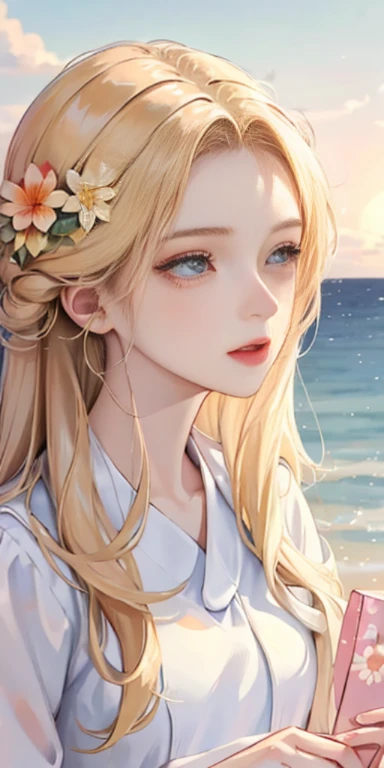 (disorganized, High resolution, super detailed), 1 girl, alone, mature, (long blonde hair), salt, long sleeve, elegant, holy, colorful, most detailed, in water, floating hair, flower, think back, Upper body