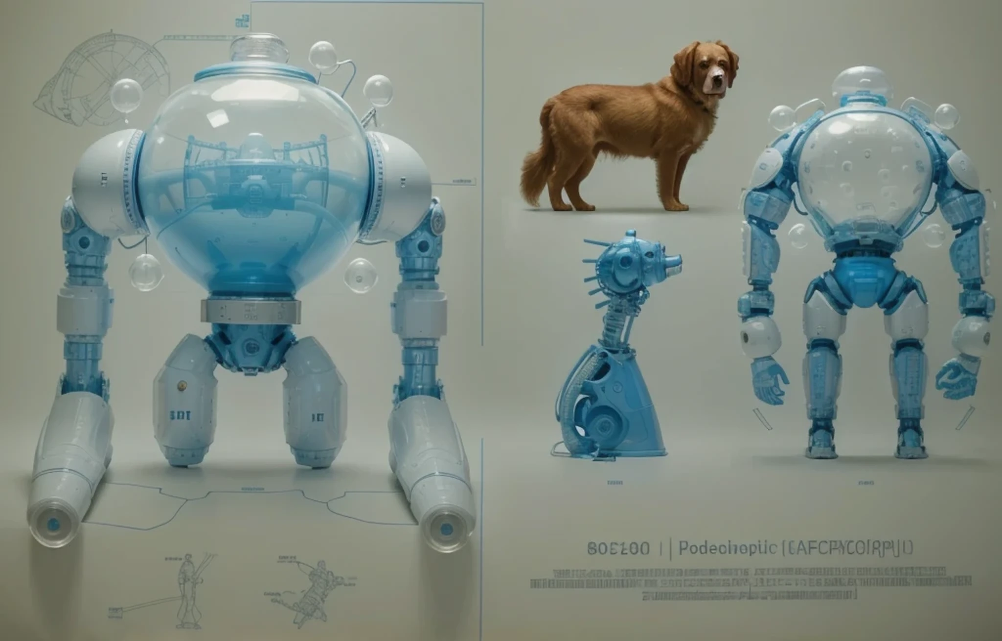 blueprint on paper, blueprint of a humanoid retro-Soviet style cyborg with the head of a biological dog inside a creistal bubble, technical drawing, has data, 4k, Ultra detailed image, realistic, Highly detailed, perfect composition, splendid, Intricately detailed, Incredibly detailed , 8 k artistic photography , hyper detailed, Masterpiece, Ultra detailed, Hyperrealistic, 4k, Ultra detailed image, realistic, Highly detailed, perfect composition, splendid, Intricately detailed, Incredibly detailed, 8K fine art photography, hyper detailed, Masterpiece