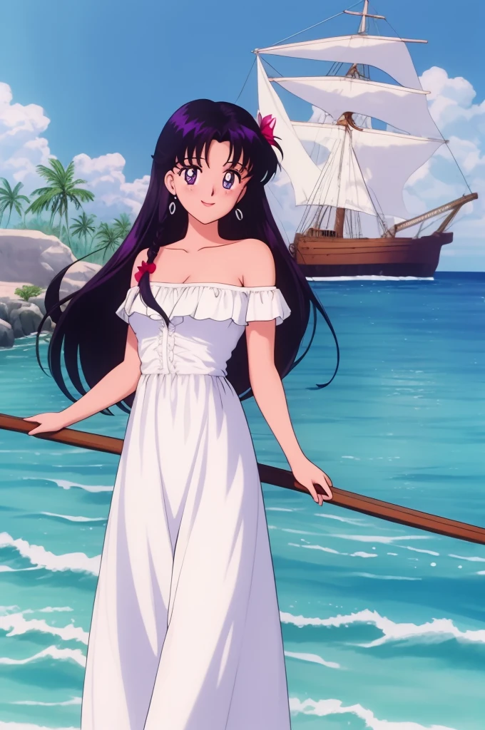 1990s \(style\), masterpiece, best quality, highres, outdoors, small breasts, 1 girl, Solo, Rei Hino, Purple Eyes, Beautiful Detail Eyes, Long Black Hair, Straight Hair, Good hands are down, Smile, Blushing, Bare Neck, Bare Shoulders, strapless, White Ruffle Off-the-Shoulder maxi dress. Pearl earrings. Cowboy shot. A landscape of blue skies, pirate ship with a black flag far away, an ocean with a beach. In the center. Looking at the viewers. Smile
