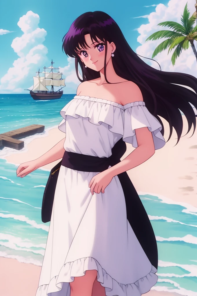 1990s \(style\), masterpiece, best quality, highres, outdoors, small breasts, 1 girl, Solo, Rei Hino, Purple Eyes, Beautiful Detail Eyes, Long Black Hair, Straight Hair, Good hands are down, Smile, Blushing, Bare Neck, Bare Shoulders, strapless, White Ruffle Off-the-Shoulder maxi dress. Pearl earrings. Cowboy shot. A landscape of blue skies, pirate ship with a black flag far away, an ocean with a beach. In the center. Looking at the viewers. Smile