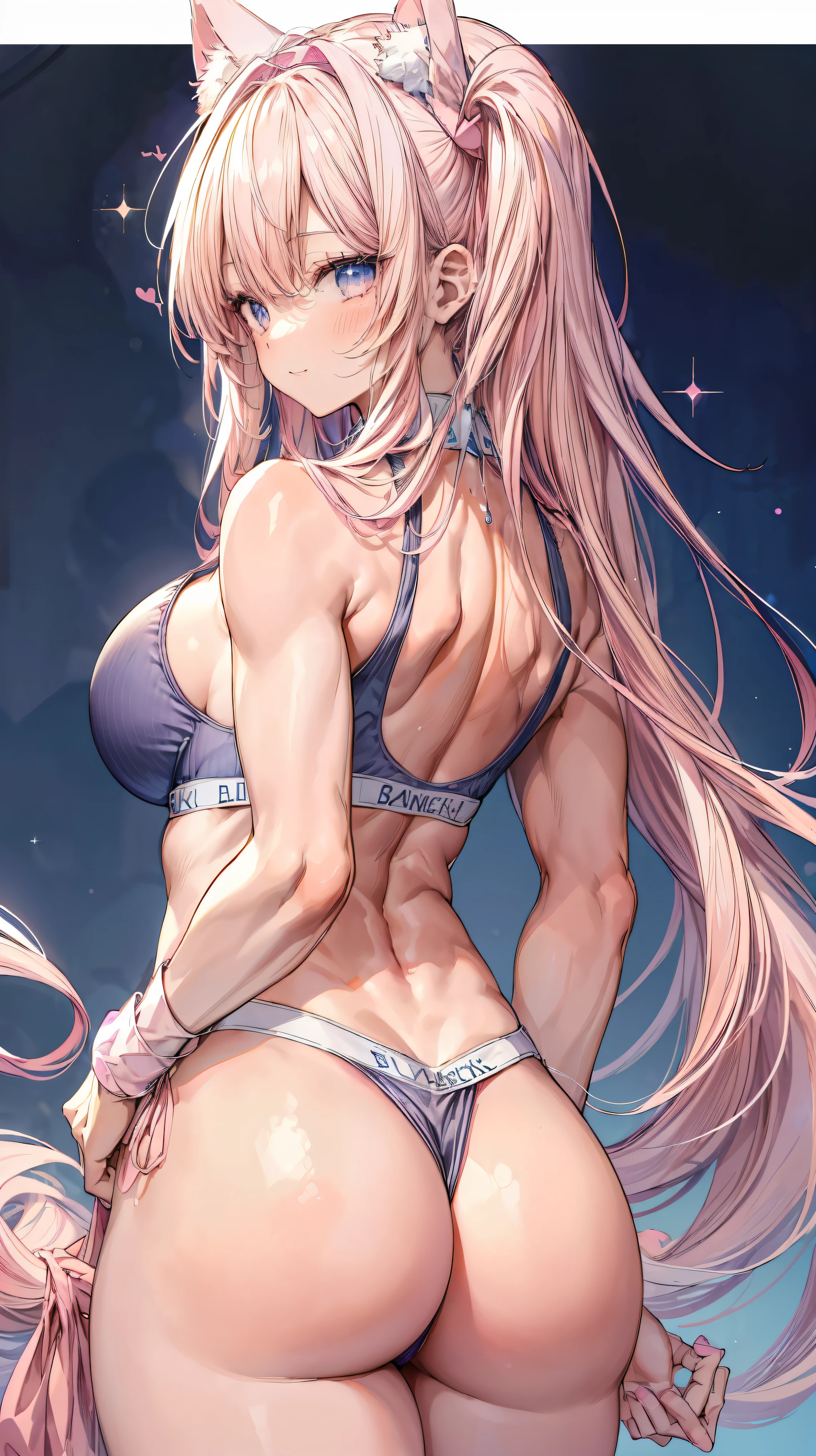 Super detailed、highest quality、best image quality、masterpiece、8K、Anime Face、gentle smile、Sparkling Blue Eyes、Long blonde curly hair、Cat ears grow、Wearing a headband、(SFW huge body)、(((Rear view)))、cowboy shot、(Wearing a pink thong:1.5)、Muscles of the whole body、Woman holding a cat