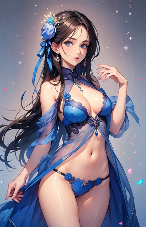 ((highest quality)), ((masterpiece)), (get used to it), perfect face , Adult beautiful girl , beautiful long black hair , beautiful blue eyes , In underwear ,  medium breasts , Blue roses scattered , lying on the bed ,