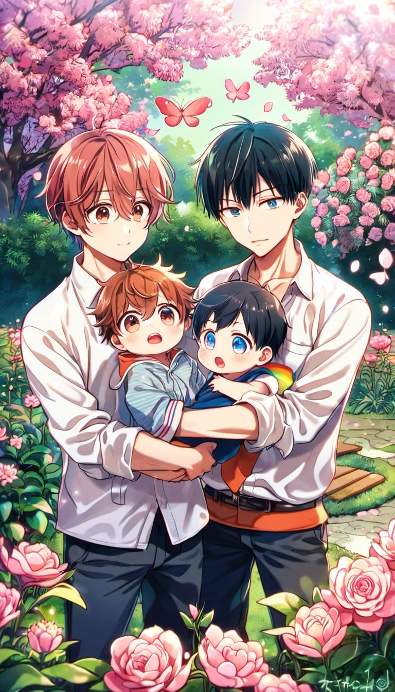 absurdres, highres, ultra detailed, HDR, masterpiece, Uenoyama Ritsuka, black hair, expressive blue eyes, Given, Sato Mafuyu, pink-brown hair, expressive brown eyes, 2men together, holding a baby, gay couple, handsome, garden, pink petals, pink flowers, pink butterflies
