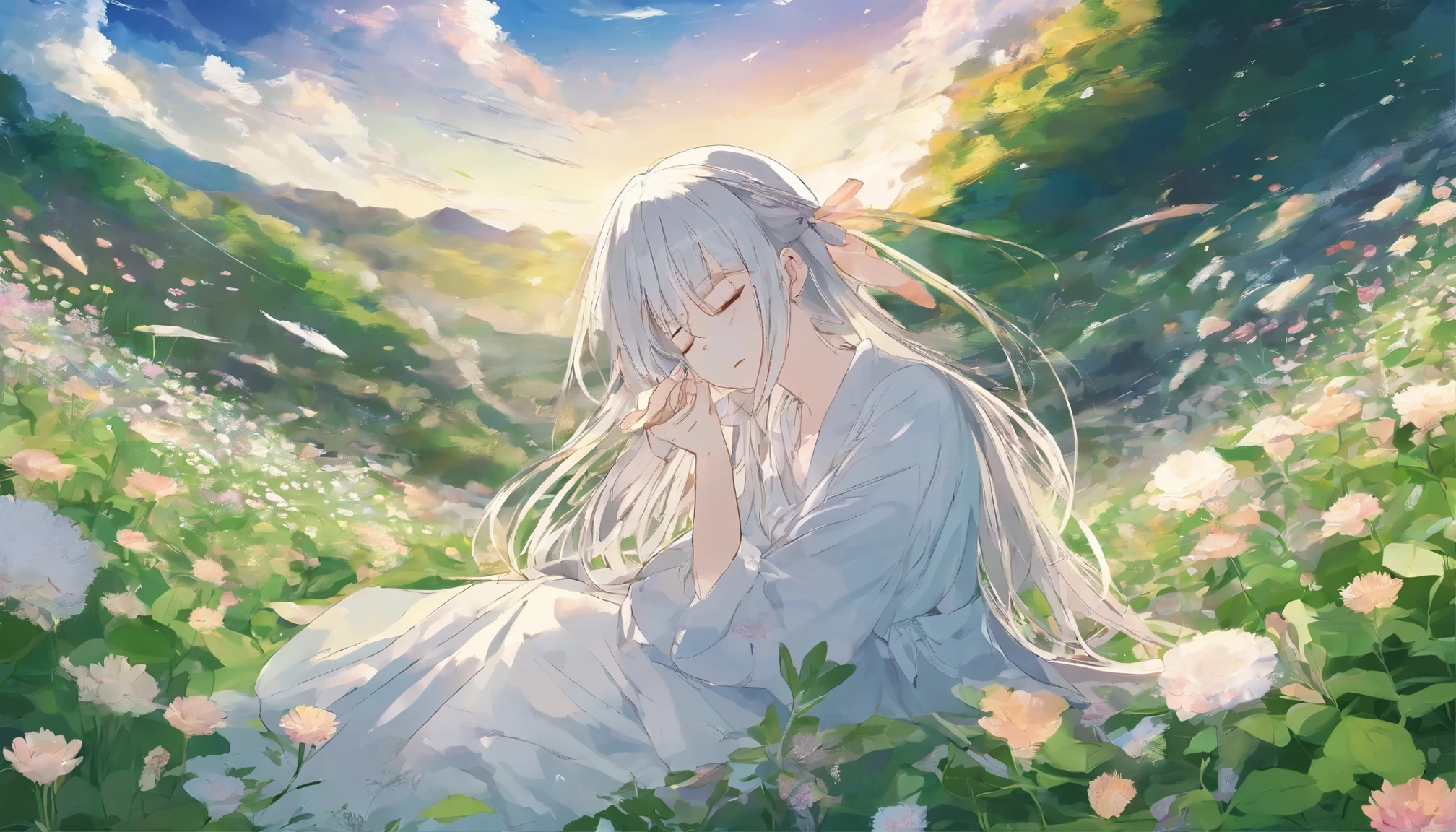 Girl looking at the sky in a field of green plants and flowers (masterpiece、highest quality)、sleeping、long silver hair、warm lighting、dress、blurred foreground、