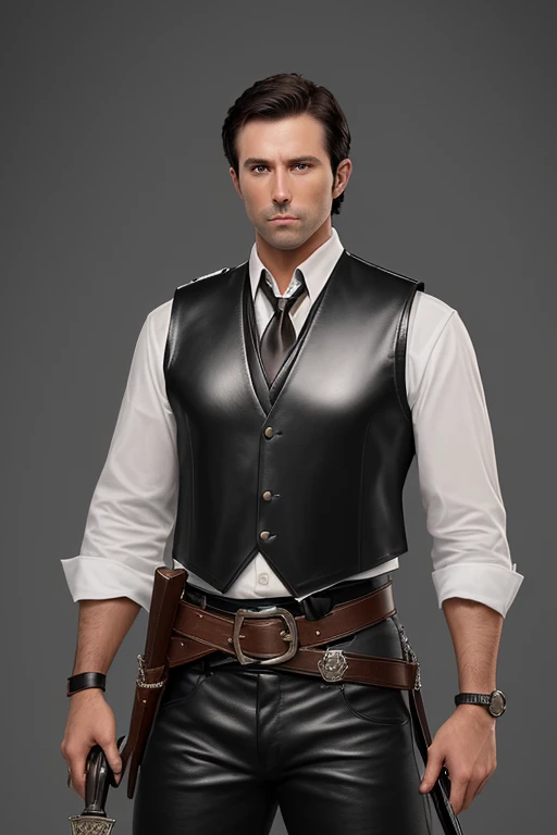 30-year-old man dark brown hair muscular complexion white shirt black leather vest black pants black belt with cross buckle background of the city of New Orleans belt with gun sword holder on the leather back silver-handled sword potion attached to the belt
