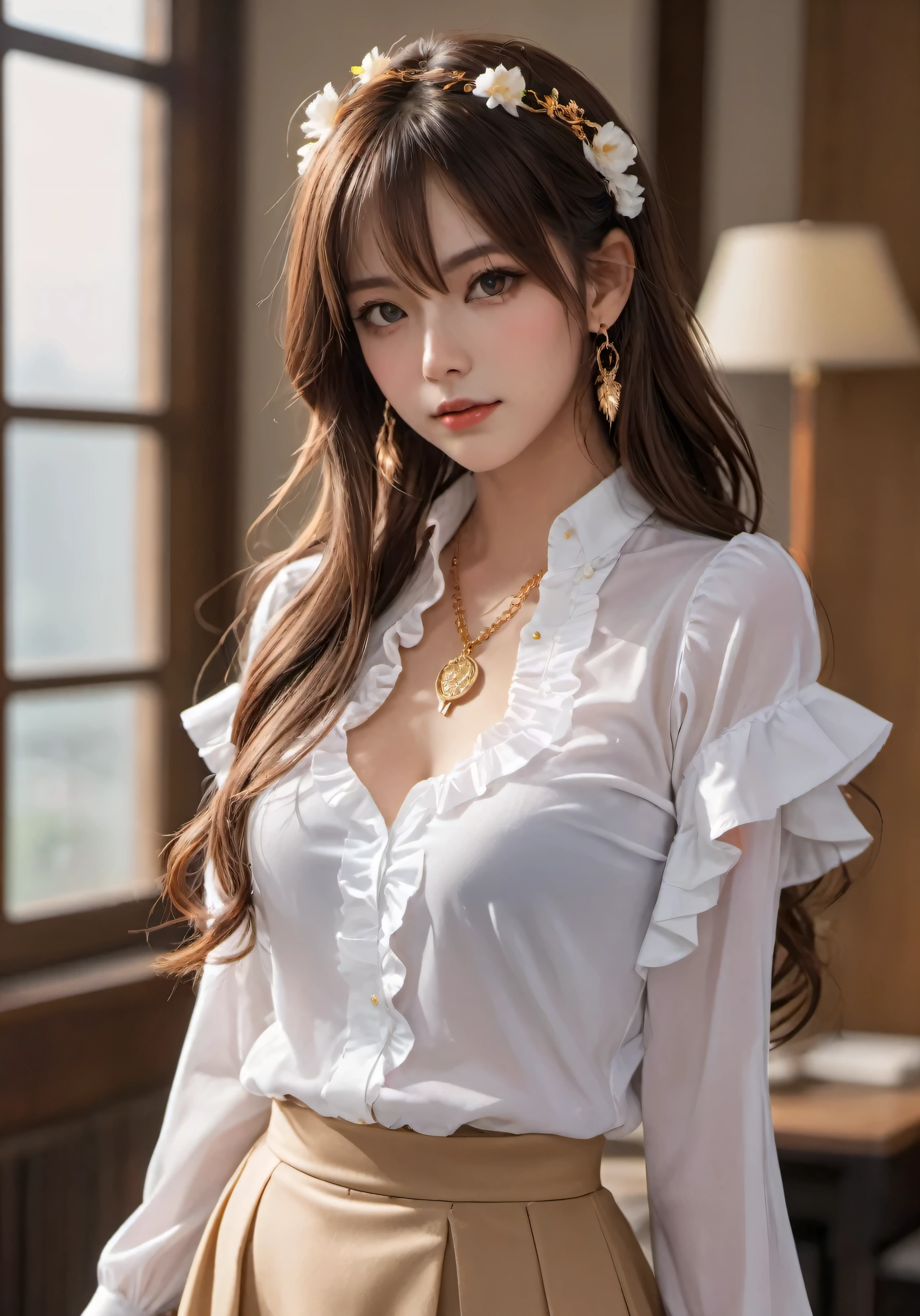 photograph, disorganized, High resolution, super detailed, maid girl,:d,((Hair with loose waves inside:1.2)),((gold necklace_Large earrings:1.2)),((Super long brown hair:1.2))((white ruffle blouse, heels:1.3)),