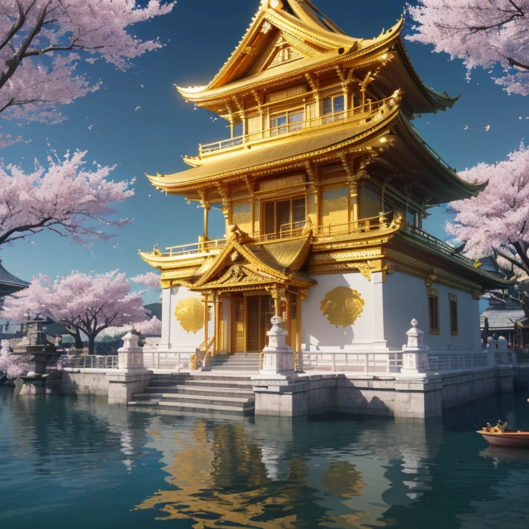 (best quality,8k,highres, masterpiece:1.2), ultra-detailed, HDR, UHD, studio lighting, ultra-fine painting, sharp focus, physically-based rendering, extreme detail description, professional, vivid colors, bokeh, portraits, concept artists, warm color palette, dramatic lighting,no humans,A temple with gold leaf pasted on the entire building stands on the water, a golden phoenix at the top of the temple, a blue sky, a blizzard of cherry blossoms,(anime style),wide view,
