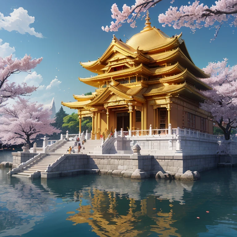 (best quality,8k,highres, masterpiece:1.2), ultra-detailed, HDR, UHD, studio lighting, ultra-fine painting, sharp focus, physically-based rendering, extreme detail description, professional, vivid colors, bokeh, portraits, concept artists, warm color palette, dramatic lighting,no humans,A temple with gold leaf pasted on the entire building stands on the water, a golden phoenix at the top of the temple, a blue sky, a blizzard of cherry blossoms,(anime style),wide view,