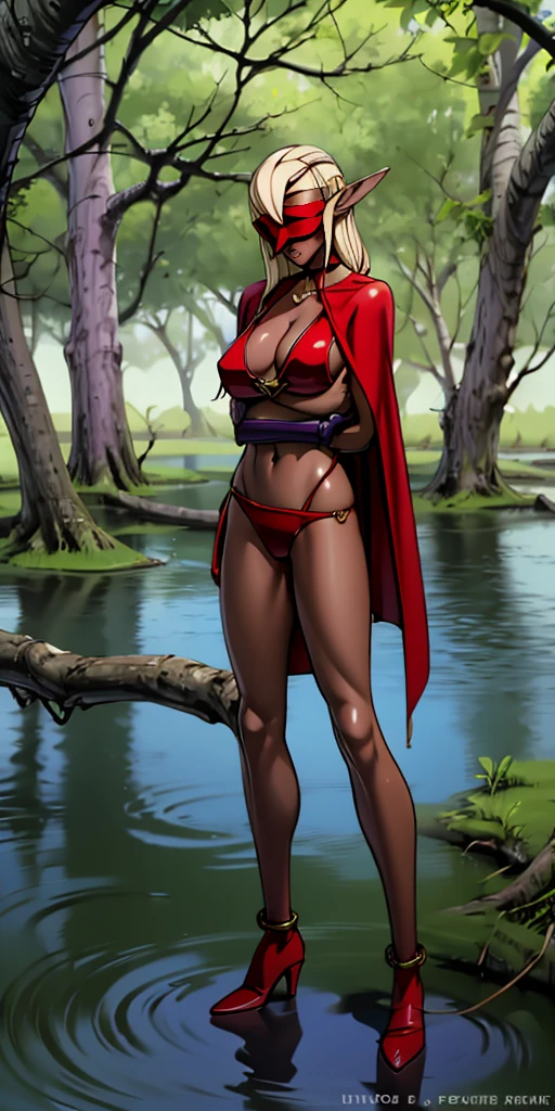 Full body, masterpiece, female drow elf purple skin standing pose, red cape, red bikini, long blonde hair, strong body, high heels, swamp background, water surface, daylight, trees, slave female with choker, blindfolded, shackles on legs and arms