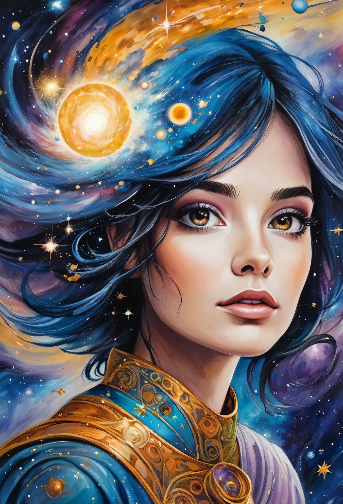 Pintura de uma mulher de costas com o tema caos e cosmos 